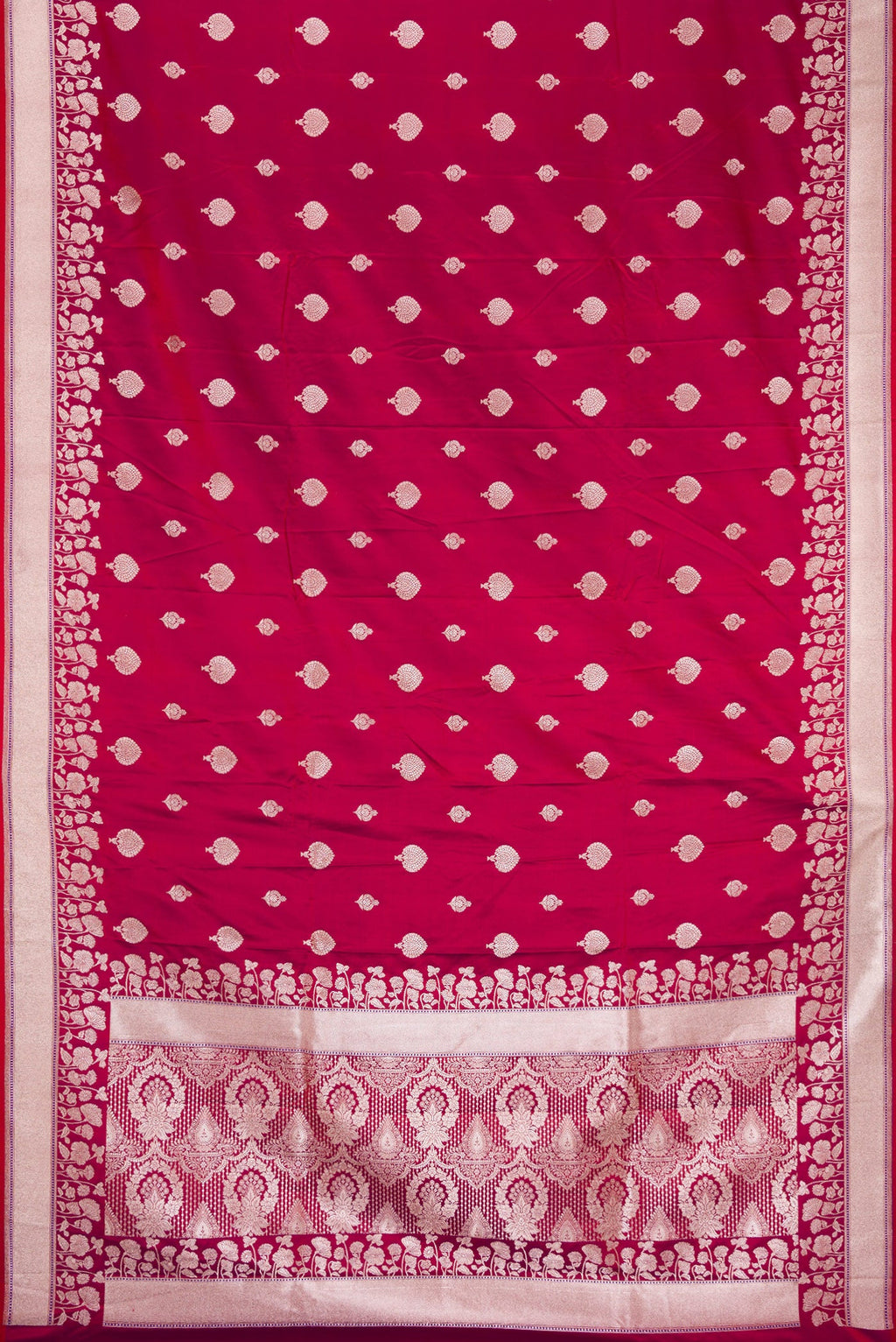 Flat view of Maroon Dual Tone Blended Banarasi Silk Saree with Zari Butta on the body and Zari Border. 