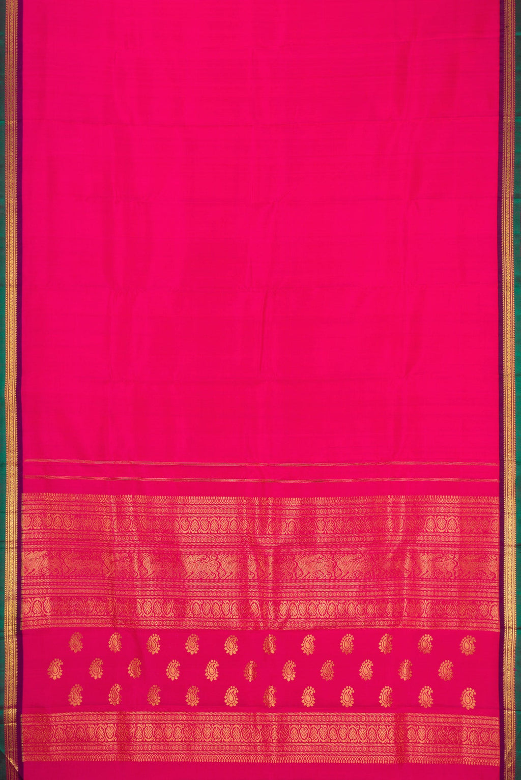 Flat view of Pink Kanjivaram Silk Saree with Plain Body and Zari Border. 