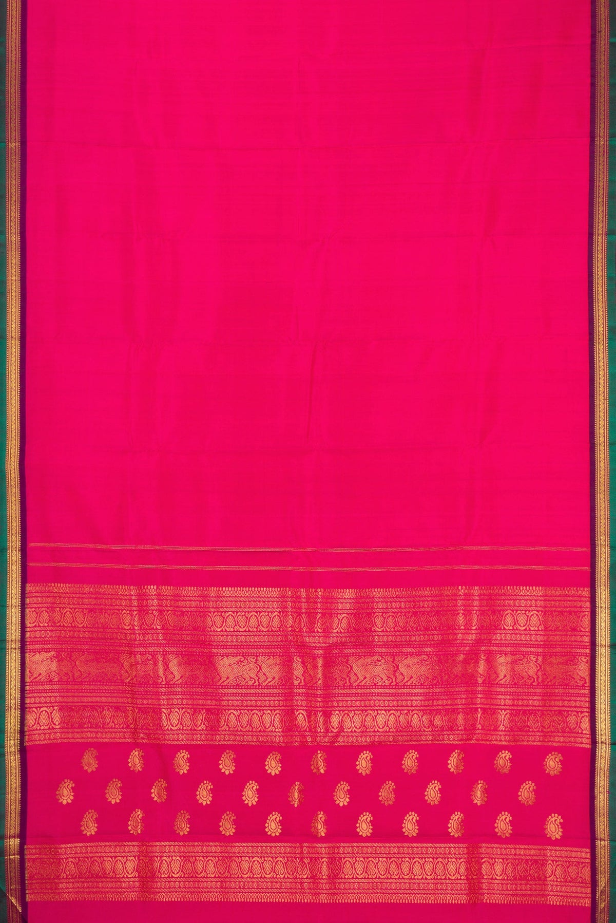 Flat view of Pink Kanjivaram Silk Saree with Plain Body and Zari Border. 