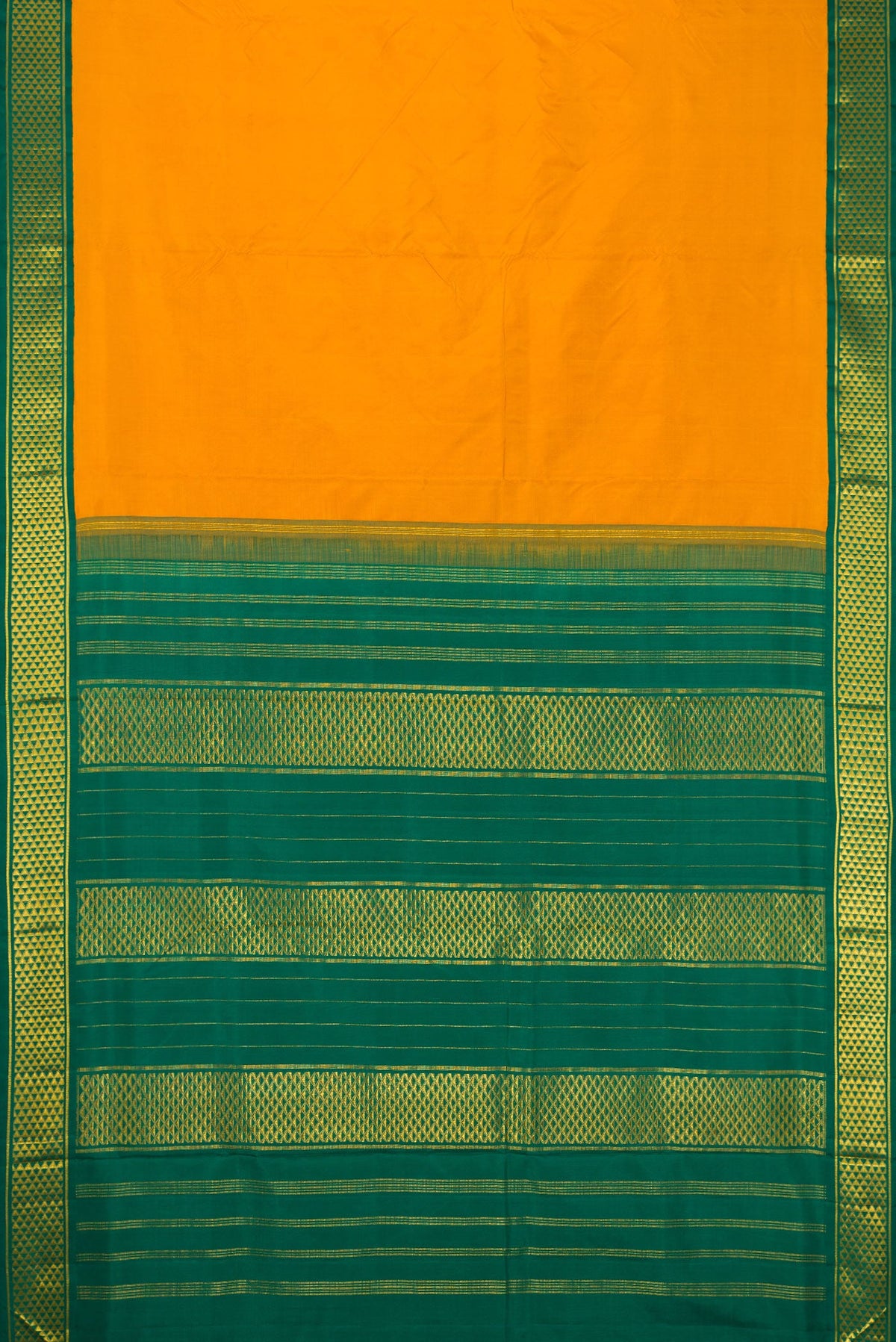 Flat view of Pure Silk Pure Zari Mustard Dual Tone Kanchipuram Nine Yards Saree with Plain Body and Zari Border. 