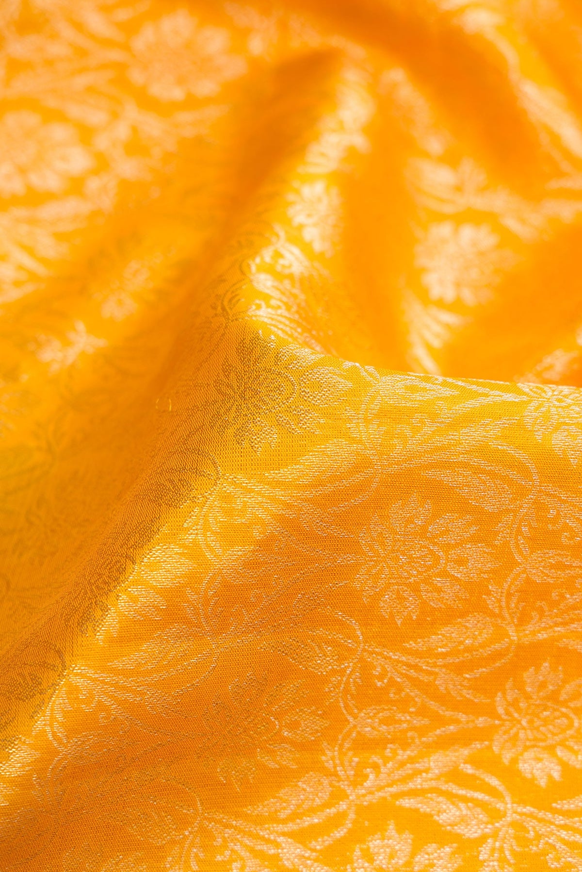 Close up of Mustard Dual Tone Kanchipuram Silk Saree with Zari Brocade on the body and Zari Border.  displaying folds