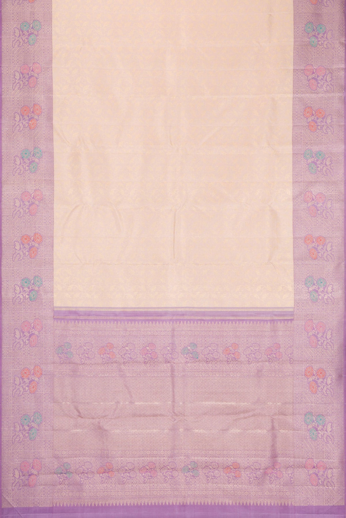 Flat view of Golden Peach Dual Tone Kanchipuram Silk Saree with Zari Brocade on the body and Fancy Border. 