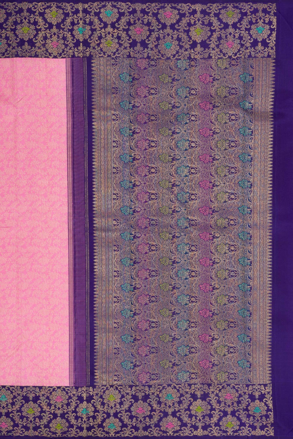 Close up image of the pallu of Pink Dual Tone Kanchipuram Silk Saree with Zari Brocade on the body and Zari Border. 