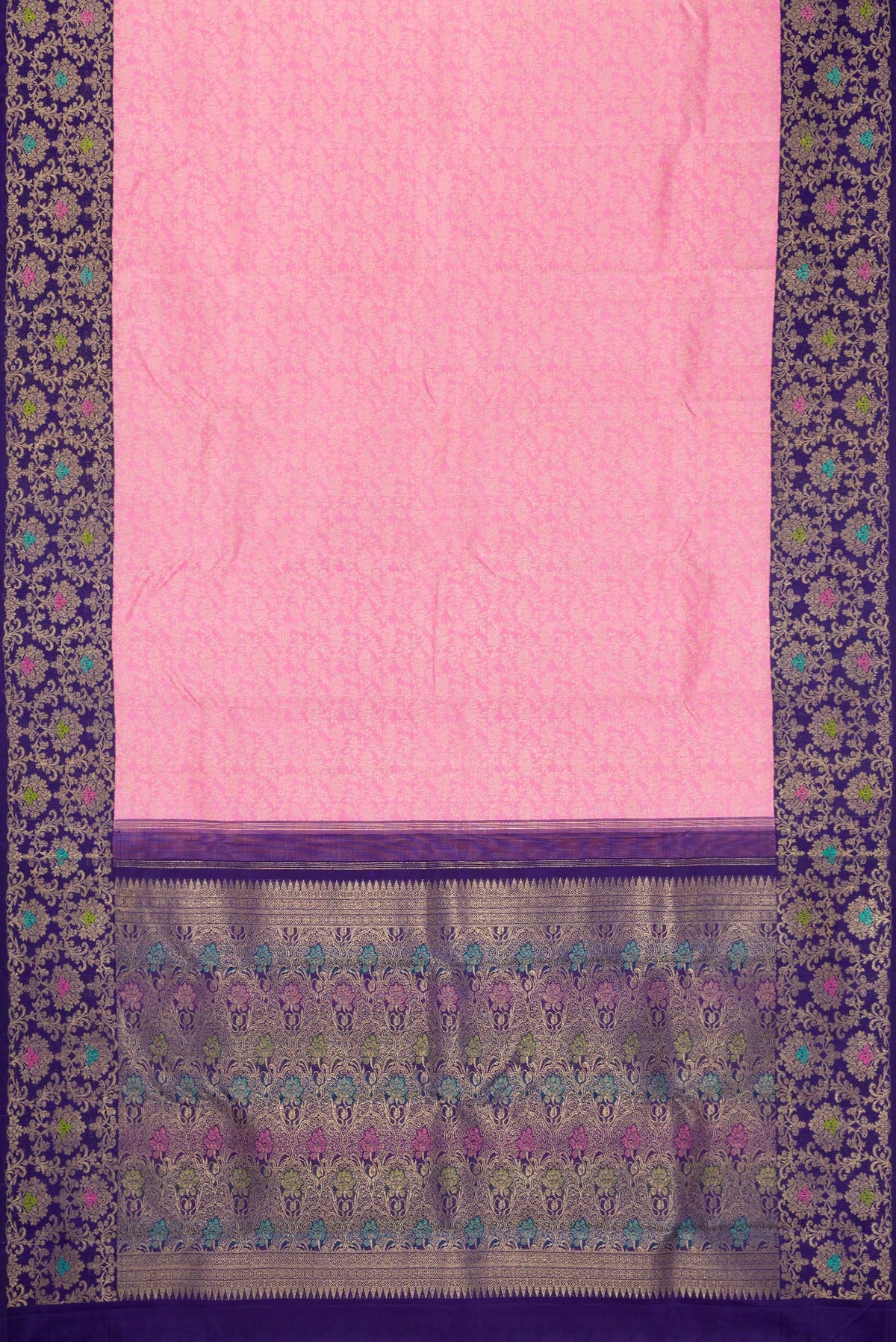 Flat view of Pink Dual Tone Kanchipuram Silk Saree with Zari Brocade on the body and Zari Border. 