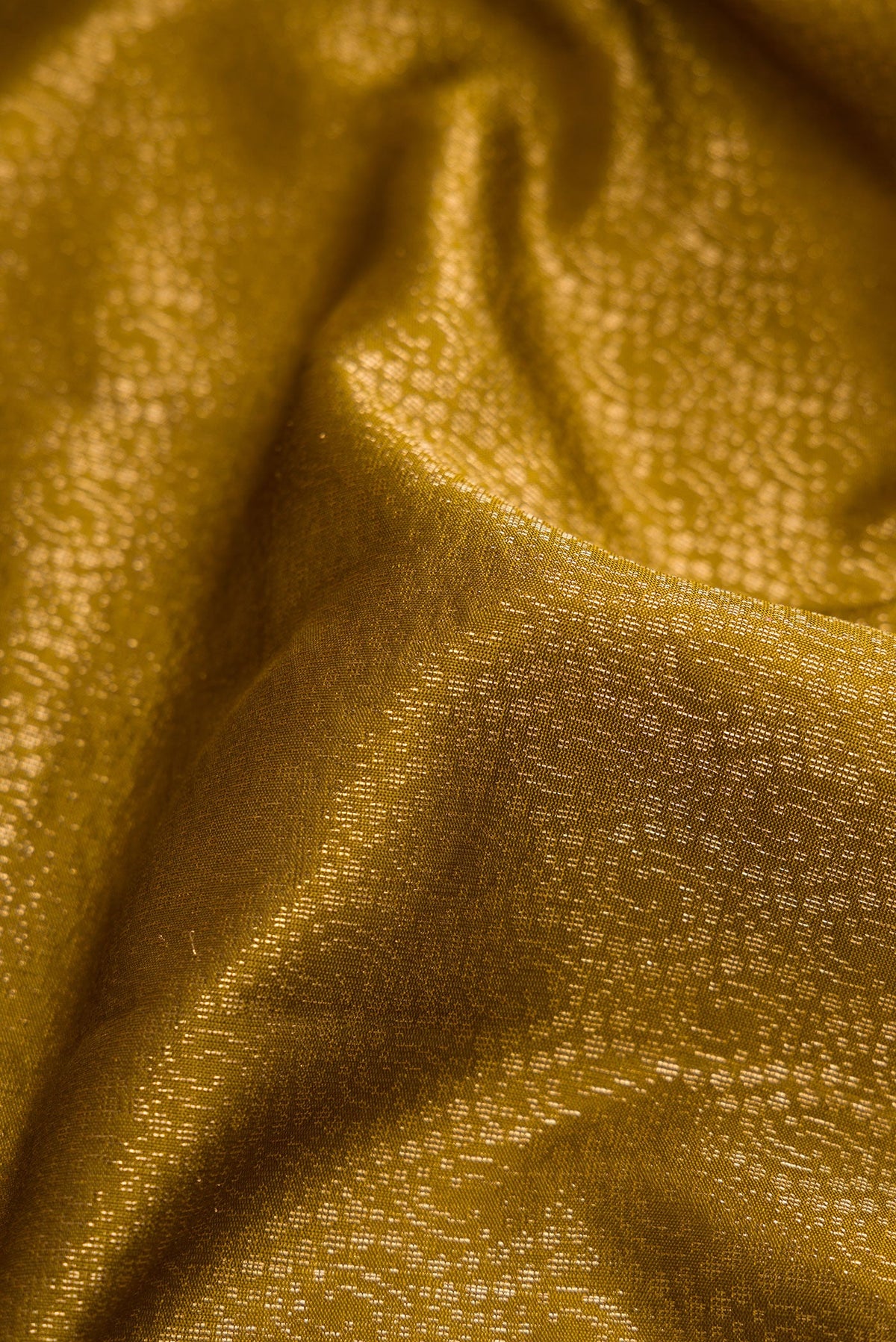 Close up of Mehandi Green Dual Tone Soft Silk Saree with Zari Brocade on the body and Zari Border.  displaying folds