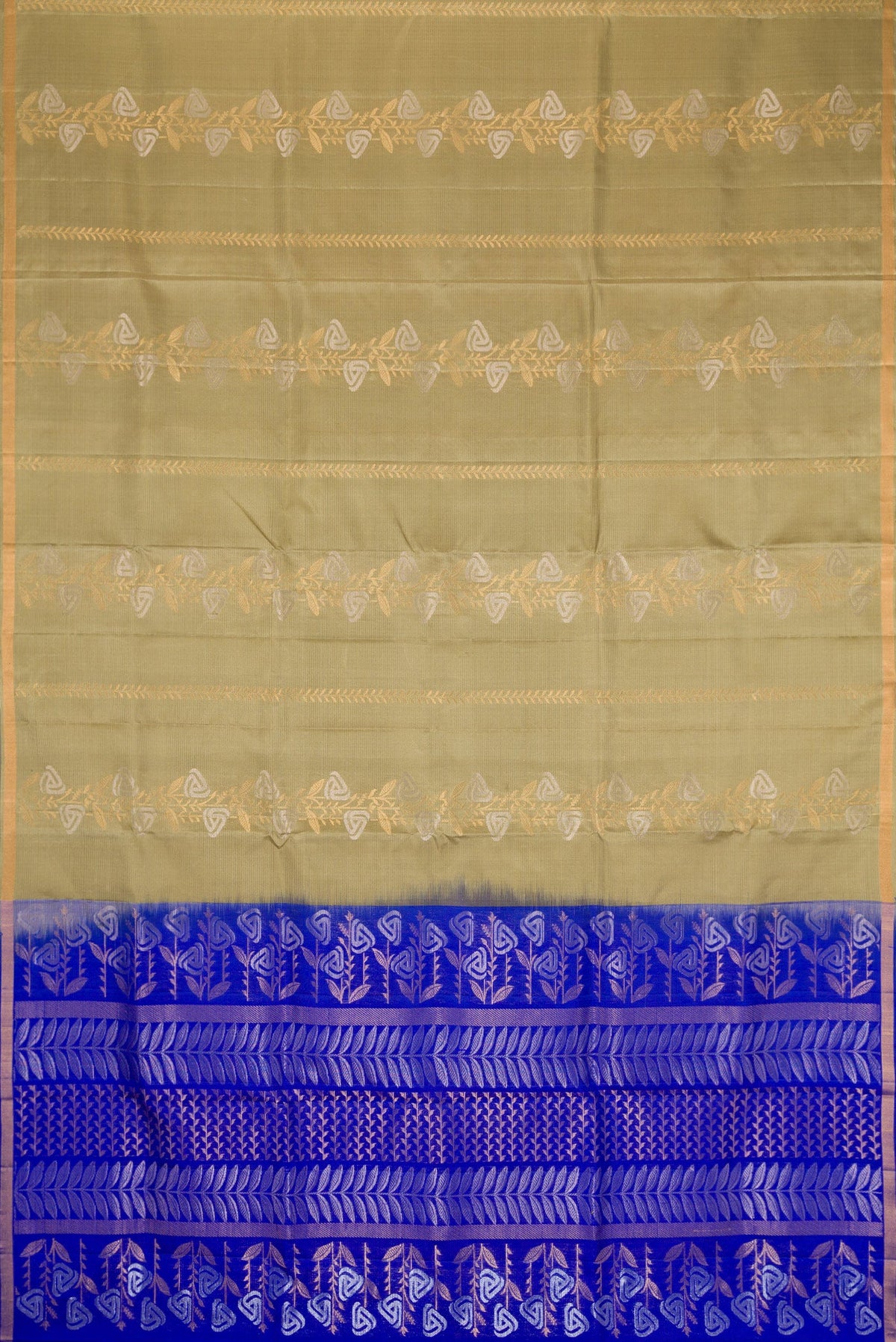 Flat view of Pista Green Dual Tone Soft Silk Saree with Zari Butta on the body and Zari Border. 
