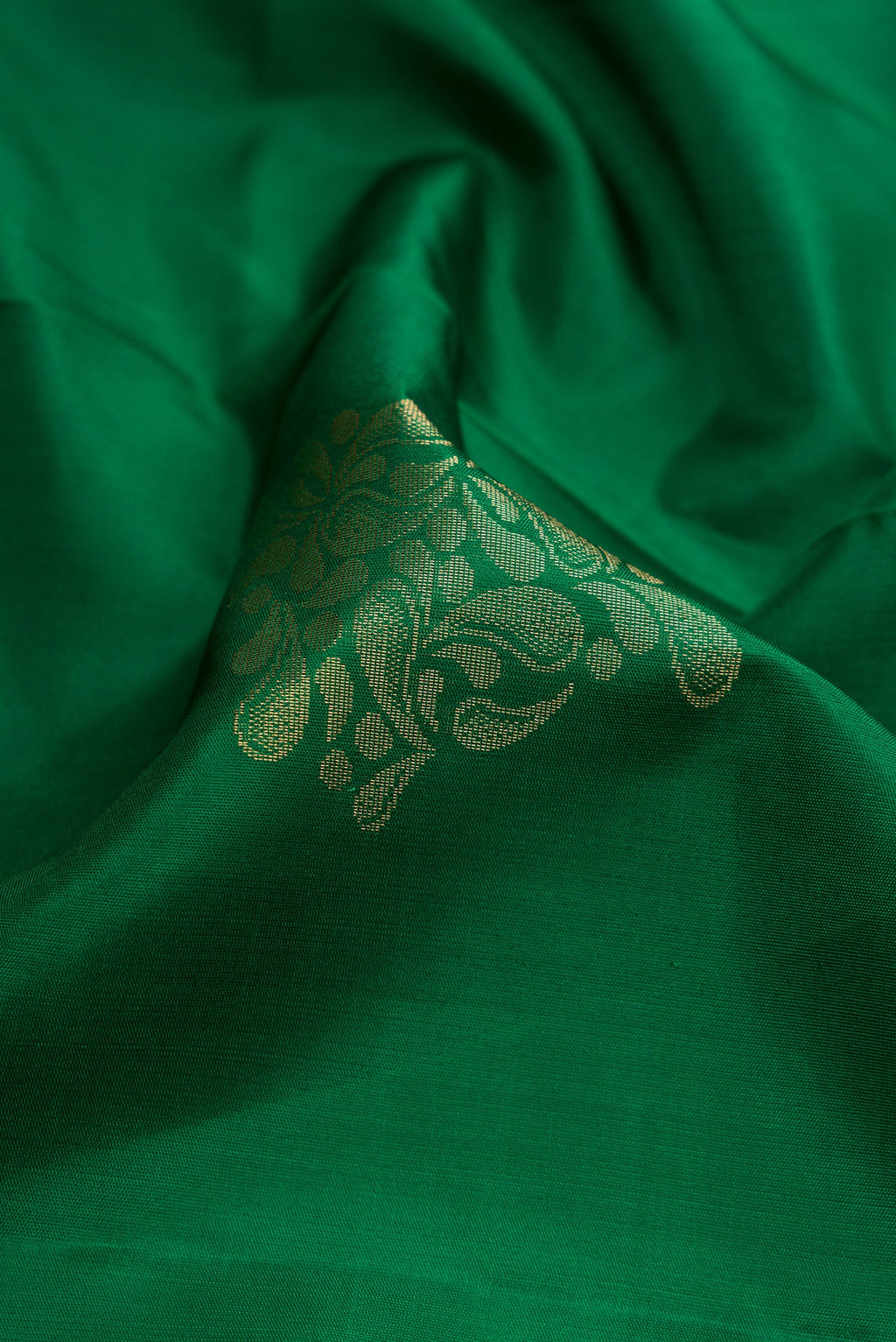 Close up of Bottle Green Dual Tone Soft Silk Saree with Zari Butta on the body and Zari Border.  displaying folds