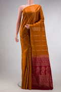 Mustard Dual Tone Soft Silk Saree with Stripes on the body and Without Border.  displayed on a mannequin