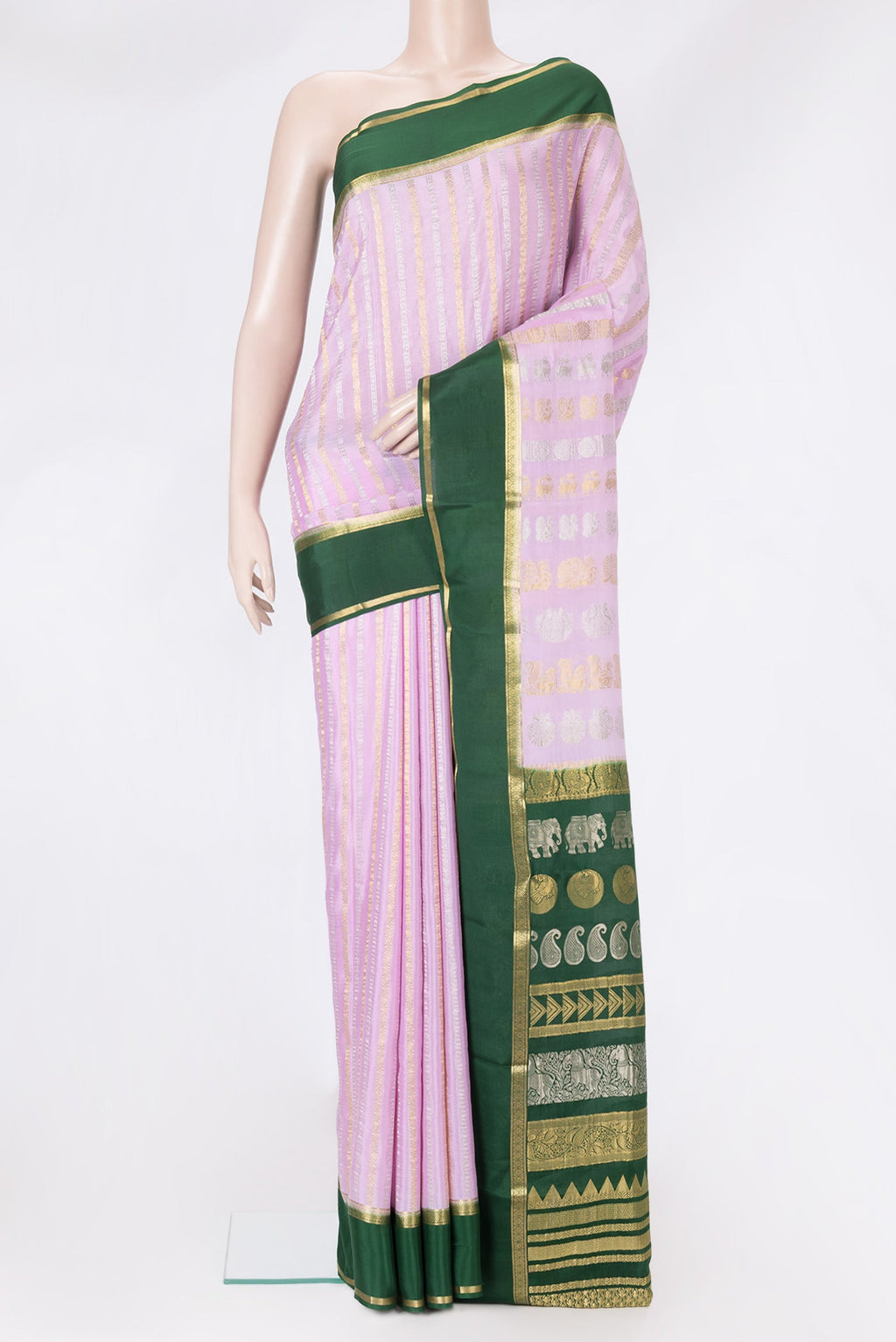 Pink Dual Tone Mysore Silk Saree with Stripes on the body and Zari Border.  displayed on a mannequin
