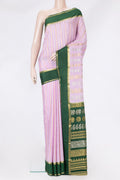 Pink Dual Tone Mysore Silk Saree with Stripes on the body and Zari Border.  displayed on a mannequin