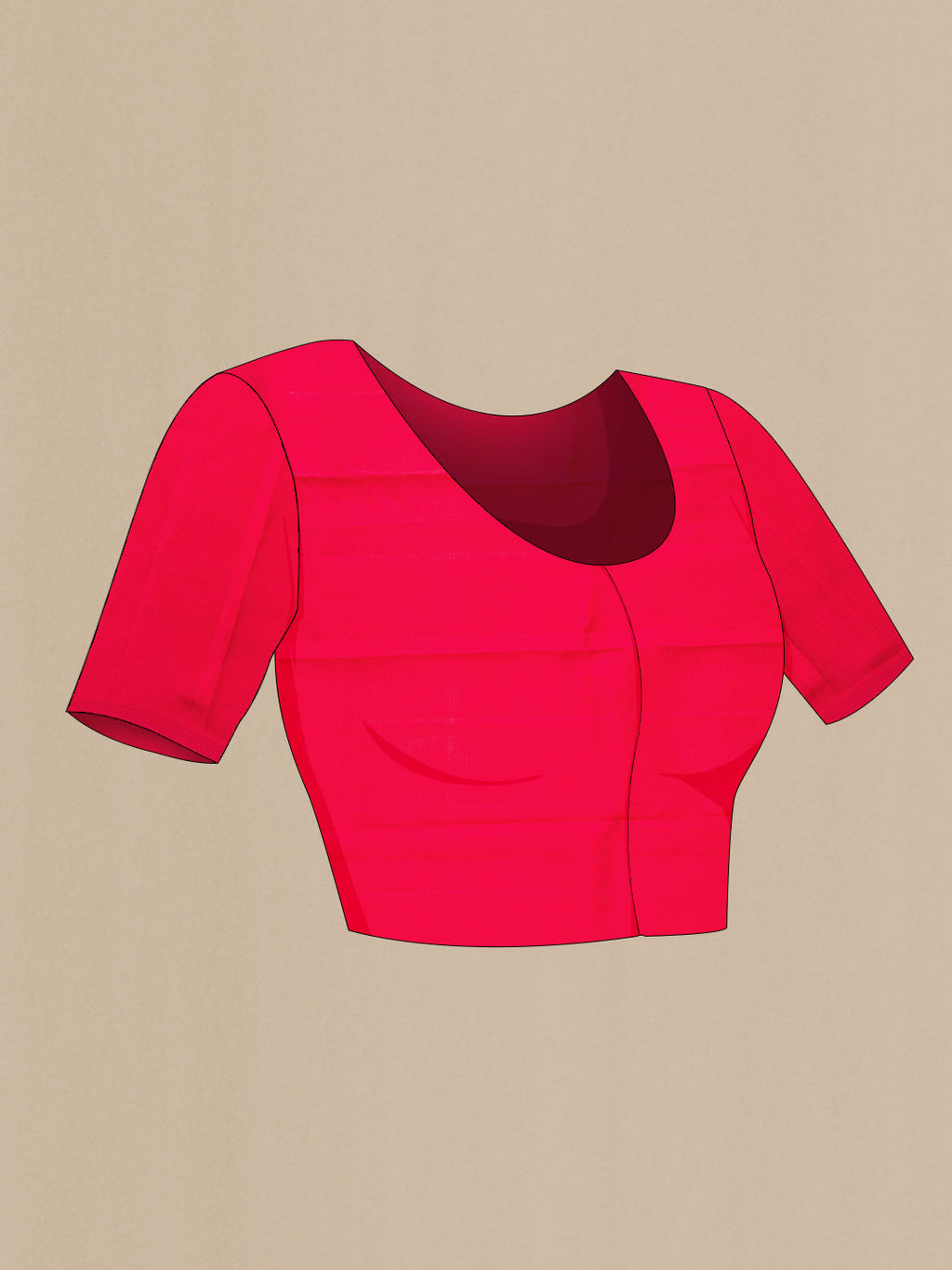 Close up image of the blouse of Pure Silk Pure Zari Orange and Dark Pink Color Kanchipuram Saree with Checked design on the body and Plain Border. 