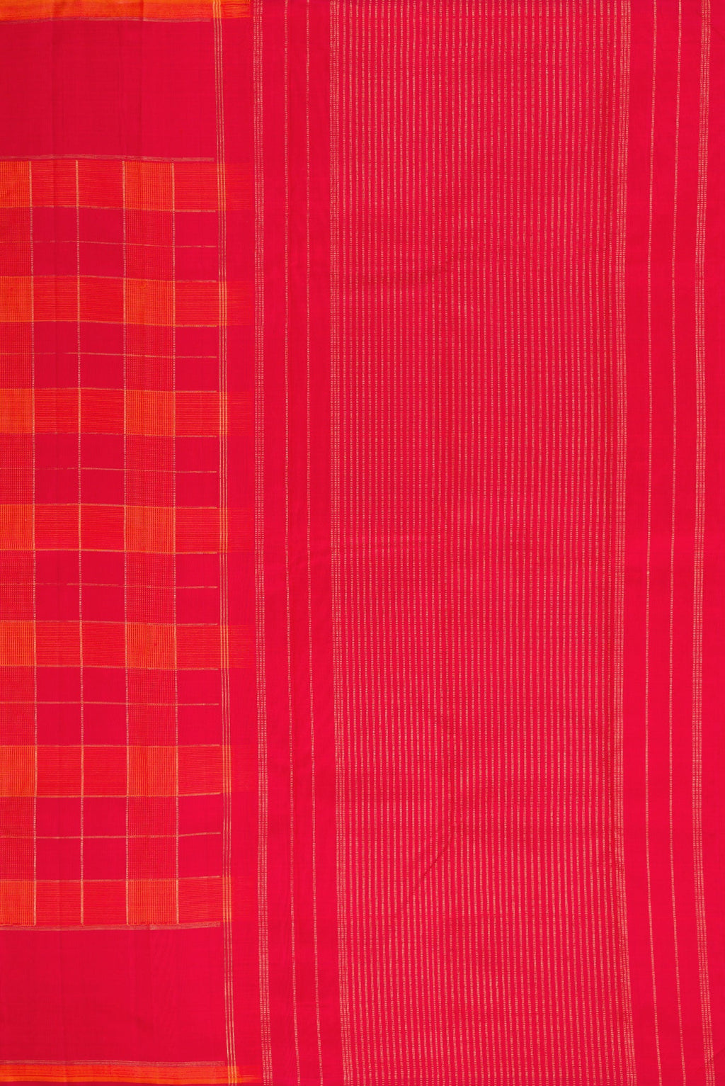Close up image of the pallu of Pure Silk Pure Zari Orange and Dark Pink Color Kanchipuram Saree with Checked design on the body and Plain Border. 