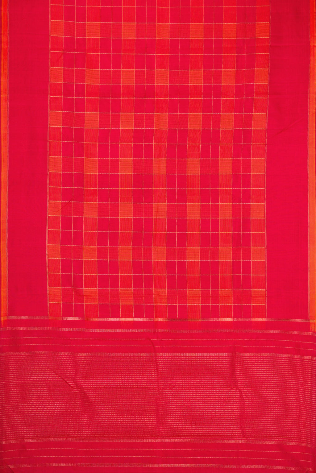 Flat view of Pure Silk Pure Zari Orange and Dark Pink Color Kanchipuram Saree with Checked design on the body and Plain Border. 