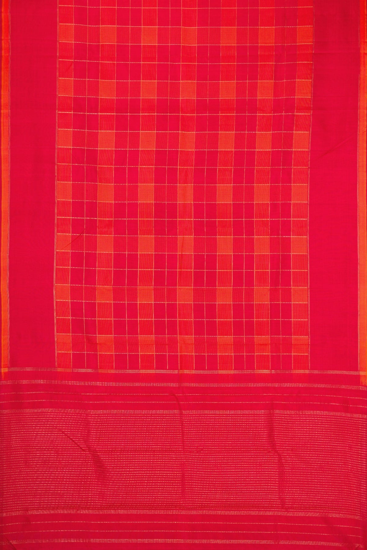 Flat view of Pure Silk Pure Zari Orange and Dark Pink Color Kanchipuram Saree with Checked design on the body and Plain Border. 