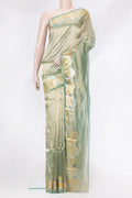 Green Dual Tone Organza Silk Saree with Plain Body and Fancy Border.  displayed on a mannequin