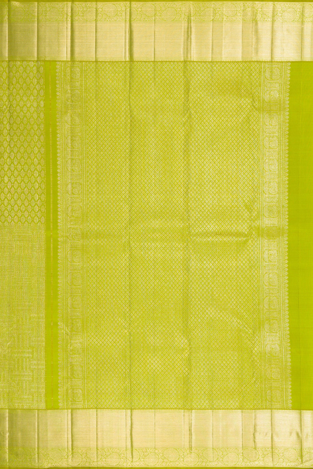 Close up image of the pallu of Parrot Green Dual Tone Kanchipuram Silk Saree with Zari Brocade on the body and Zari Border. 