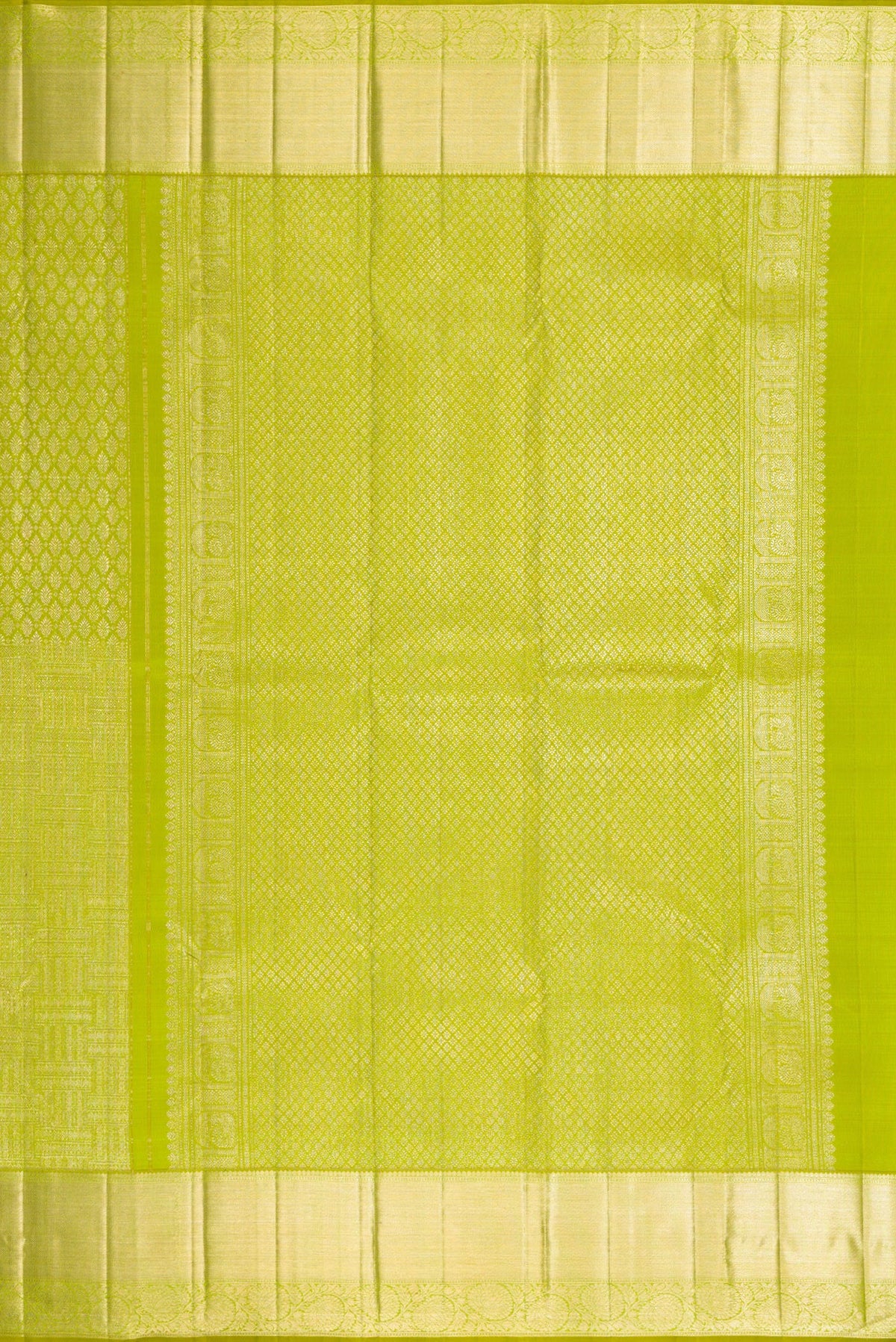 Close up image of the pallu of Parrot Green Dual Tone Kanchipuram Silk Saree with Zari Brocade on the body and Zari Border. 