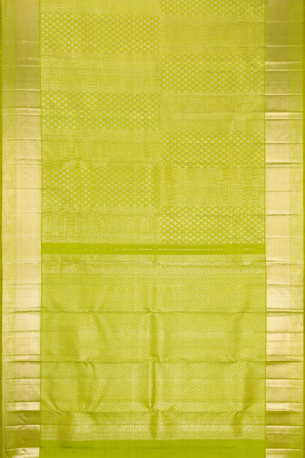 Flat view of Parrot Green Dual Tone Kanchipuram Silk Saree with Zari Brocade on the body and Zari Border. 