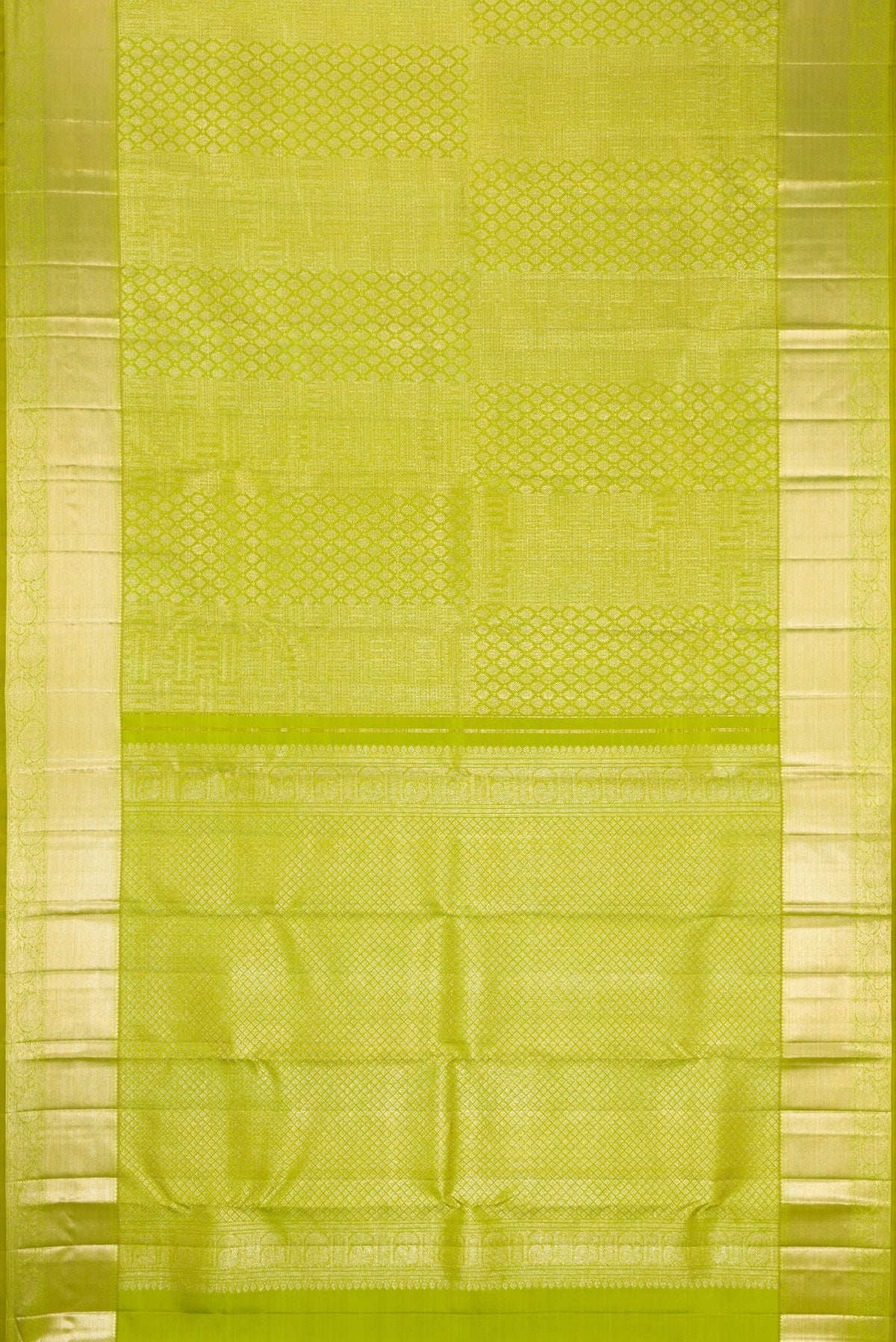 Flat view of Parrot Green Dual Tone Kanchipuram Silk Saree with Zari Brocade on the body and Zari Border. 