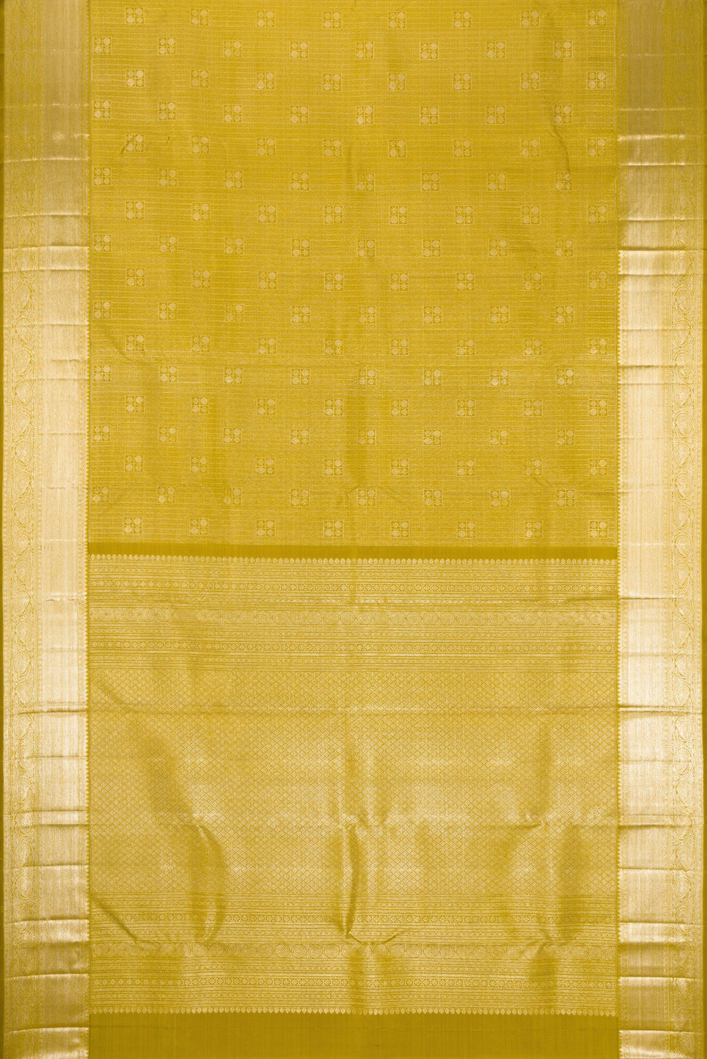 Flat view of Mehandi Green Dual Tone Kanchipuram Silk Saree with Zari Brocade on the body and Zari Border. 