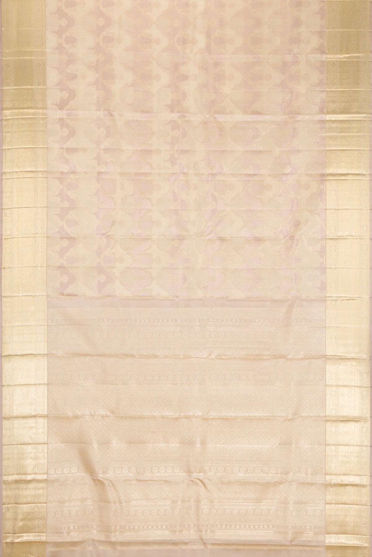 Flat view of Rose Gold Dual Tone Kanjivaram Silk Saree with Zari Brocade on the body and Zari Border. 