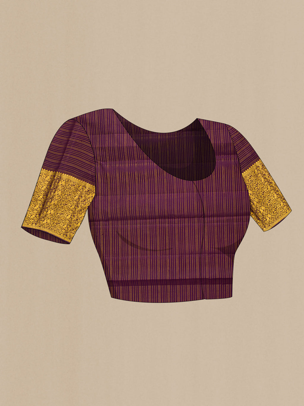 Close up image of the blouse of Burgundy Dual Tone Kanjivaram Silk Saree with Stripes on the body and Zari Border. 