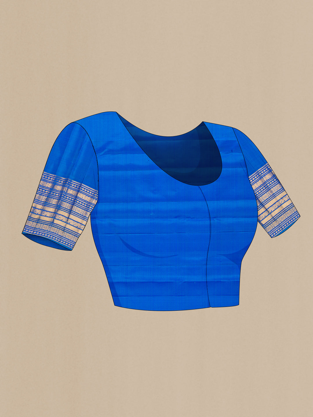 Close up image of the blouse of Navy Blue Dual Tone Kanjivaram Silk Saree with Zari Butta on the body and Zari Border. 