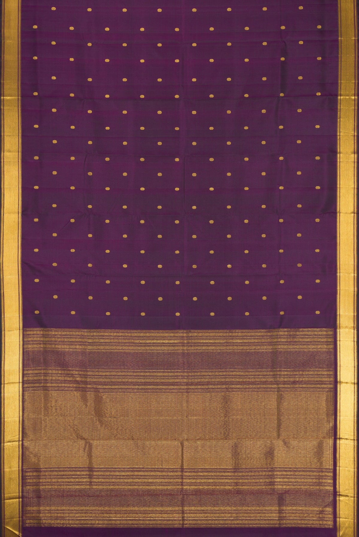 Flat view of Purple Kanjivaram Silk Saree with Zari Butta on the body and Zari Border. 