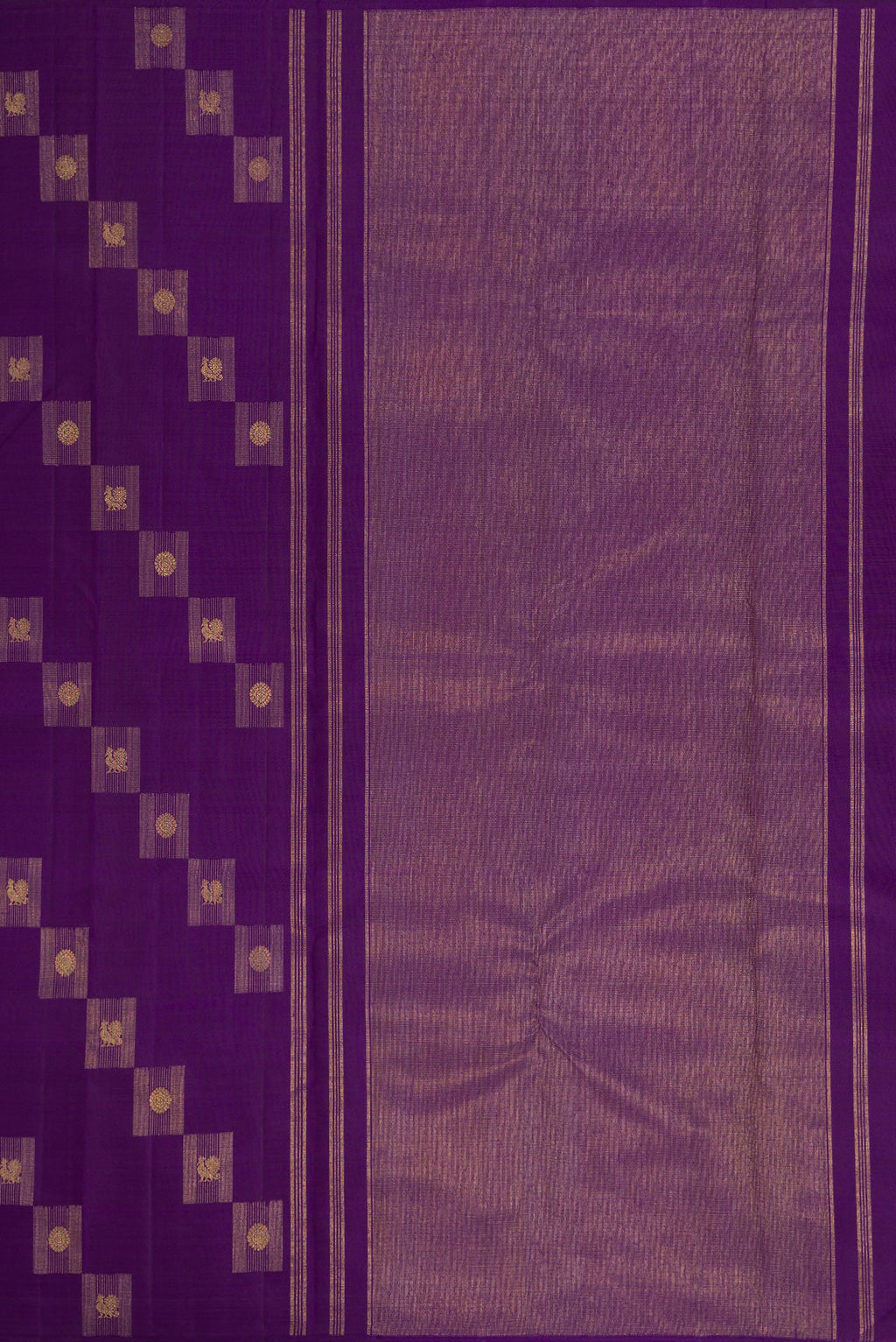 Close up image of the pallu of Pure Silk Pure Zari Violet Kanjivaram Saree with Zari Butta on the body and Without Border. 