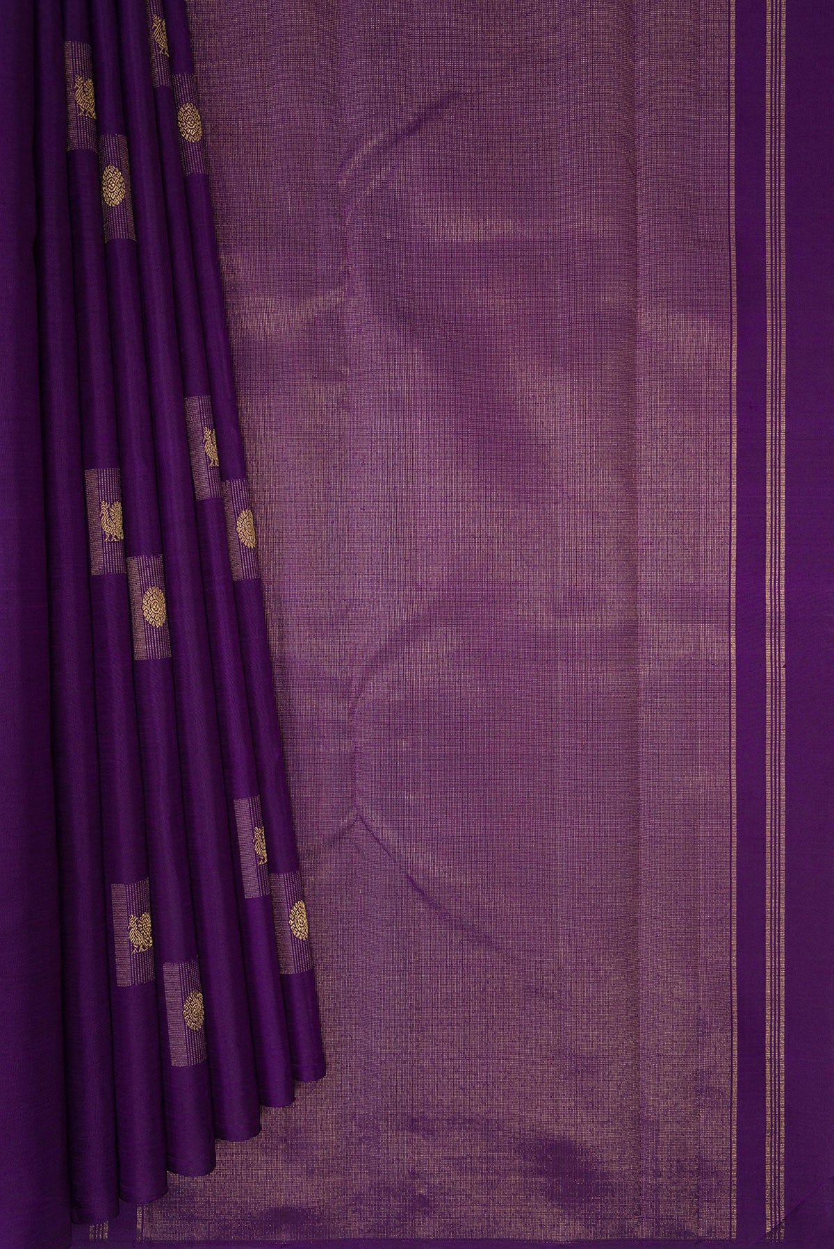 Pleats and pallu of Pure Silk Pure Zari Violet Kanjivaram Saree with Zari Butta on the body and Without Border. 