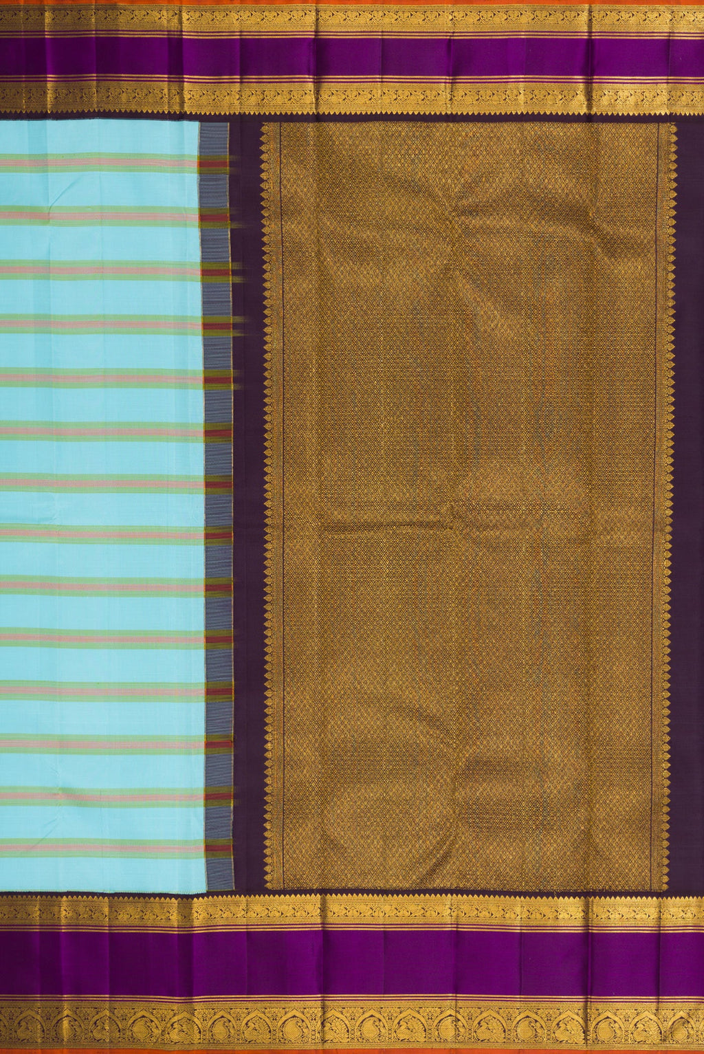 Close up image of the pallu of Sky Blue Kanchipuram Silk Saree with Stripes on the body and Zari Border. 