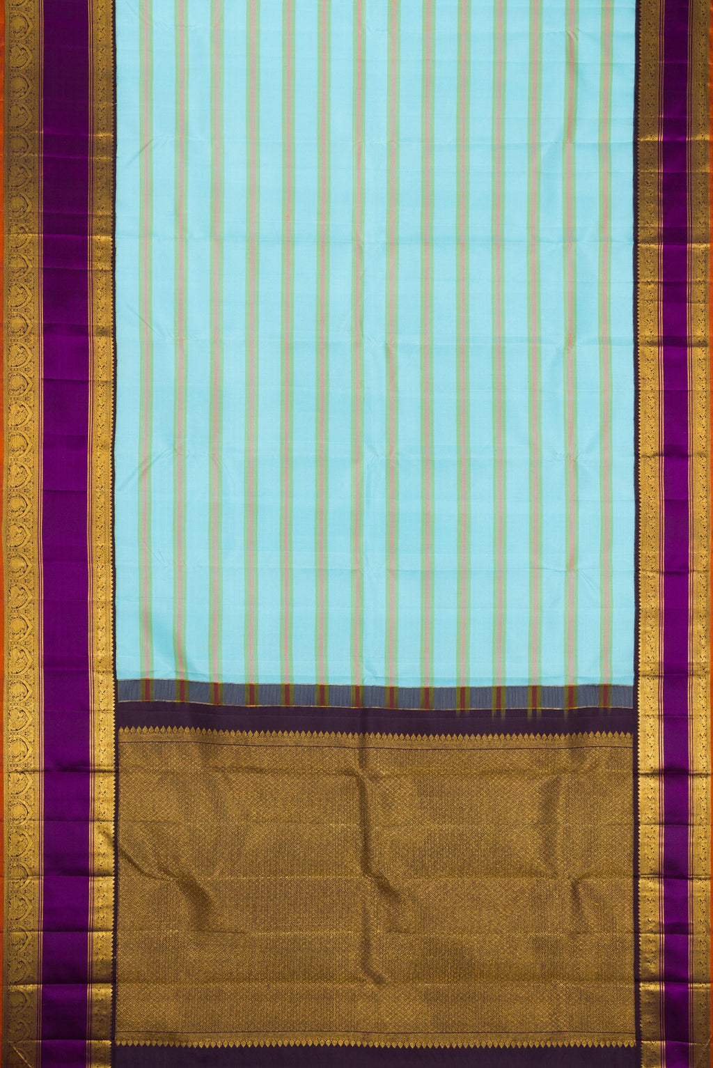 Flat view of Sky Blue Kanchipuram Silk Saree with Stripes on the body and Zari Border. 
