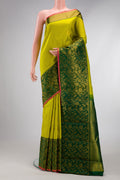 Parrot Green Dual Tone Kanchipuram Silk Saree with Zari Butta on the body and Fancy Border.  displayed on a mannequin