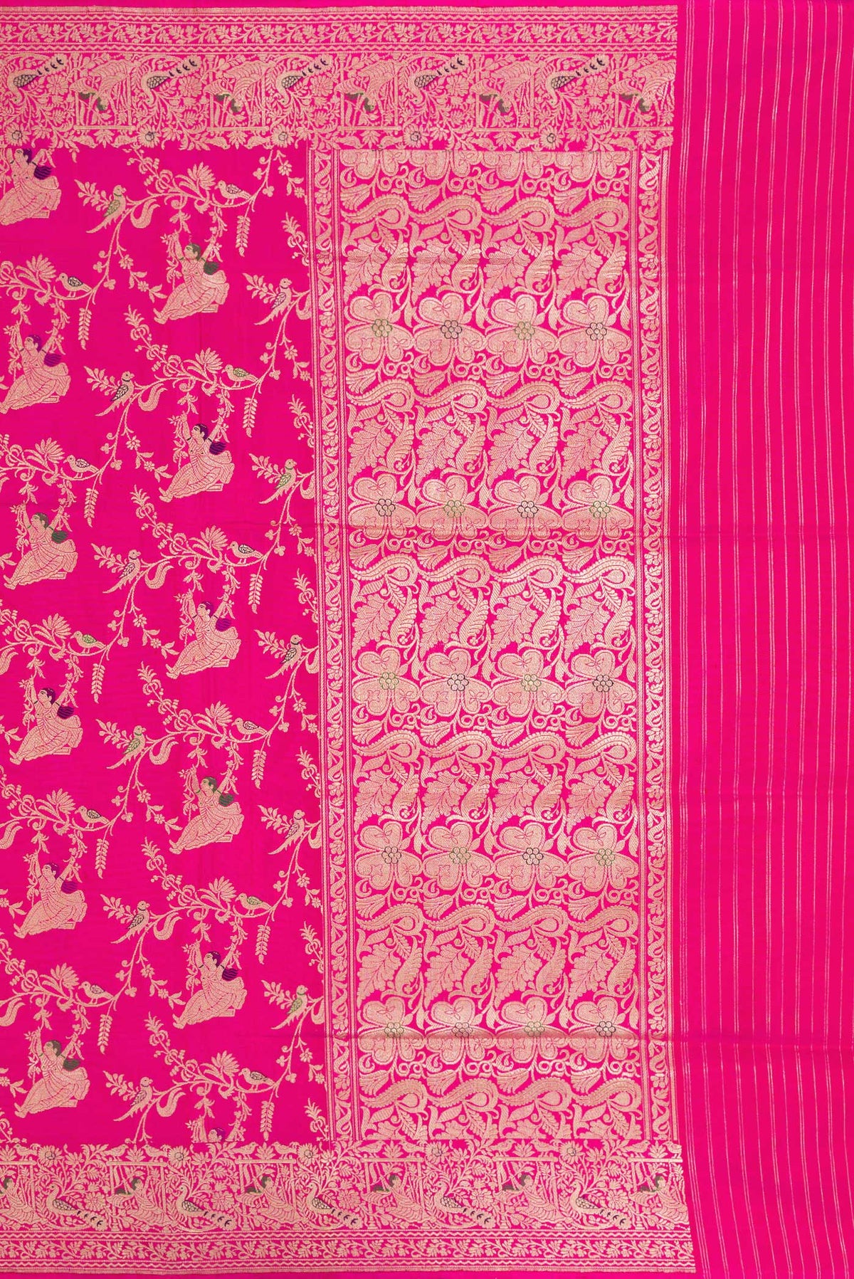 Close up image of the pallu of Pink Banarasi Silk Saree with Zari Butta on the body and Zari Border. 