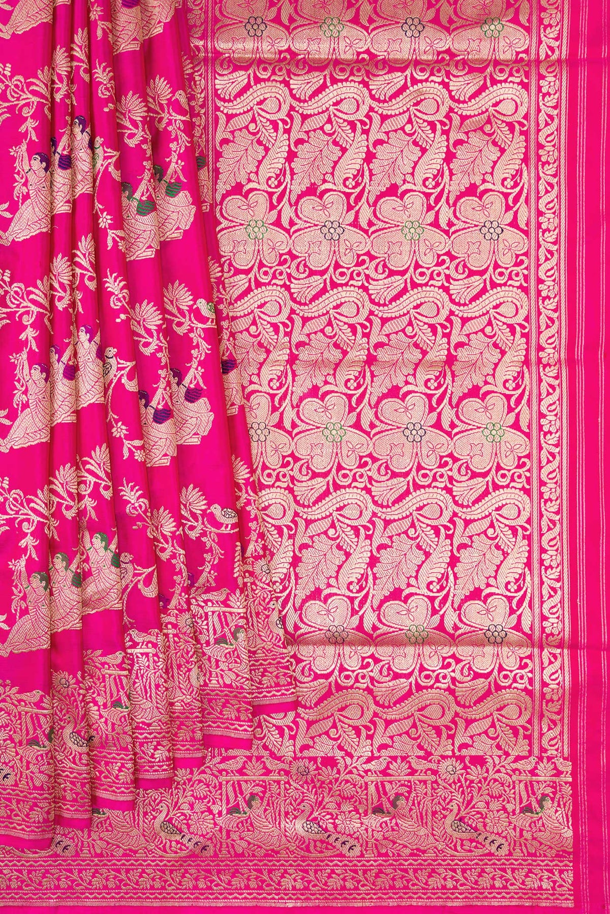 Pleats and pallu of Pink Banarasi Silk Saree with Zari Butta on the body and Zari Border. 