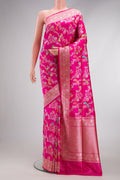 Dark Pink Dual Tone Banarasi Silk Saree with Zari Brocade on the body and Zari Border.  displayed on a mannequin