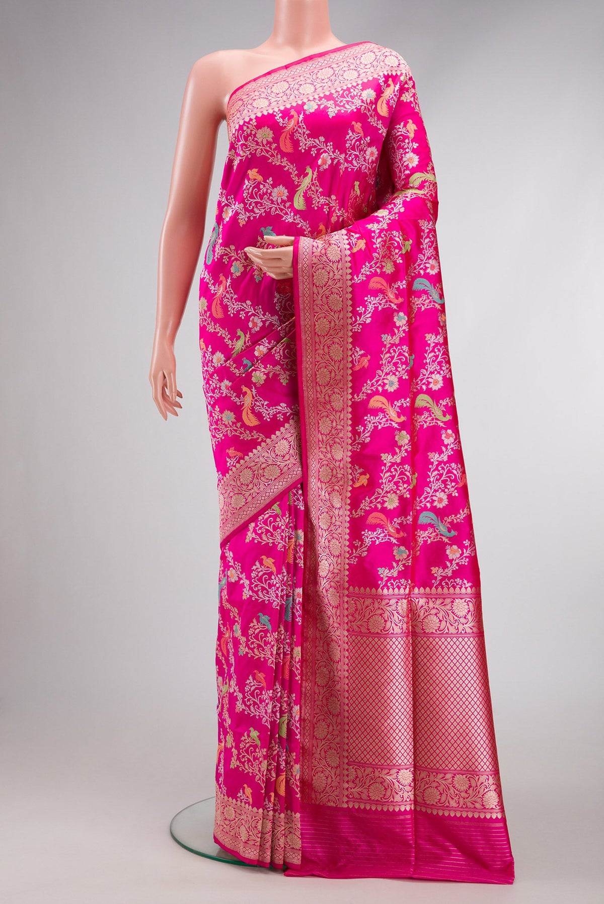 Dark Pink Dual Tone Banarasi Silk Saree with Zari Brocade on the body and Zari Border.  displayed on a mannequin