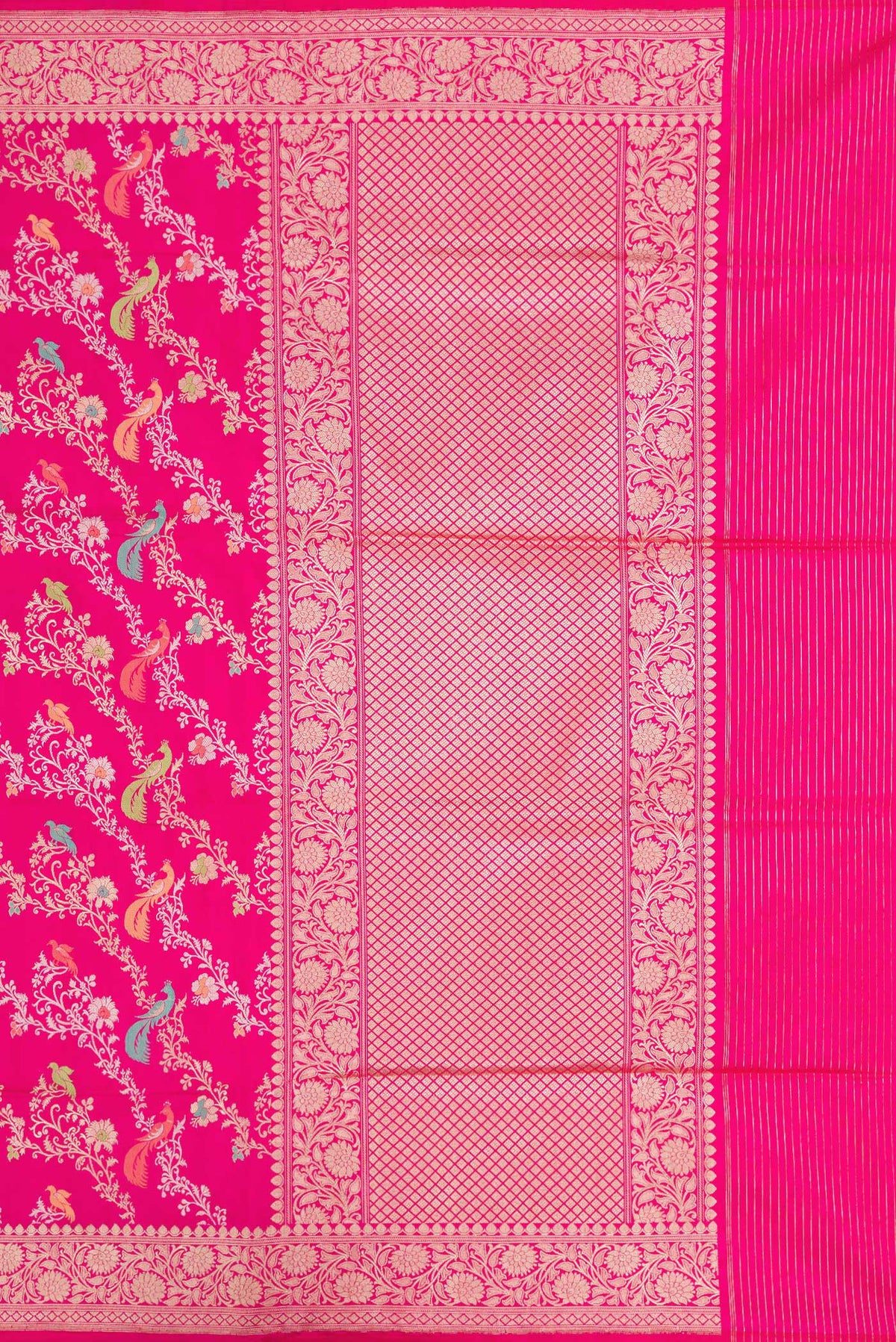 Close up image of the pallu of Dark Pink Dual Tone Banarasi Silk Saree with Zari Brocade on the body and Zari Border. 