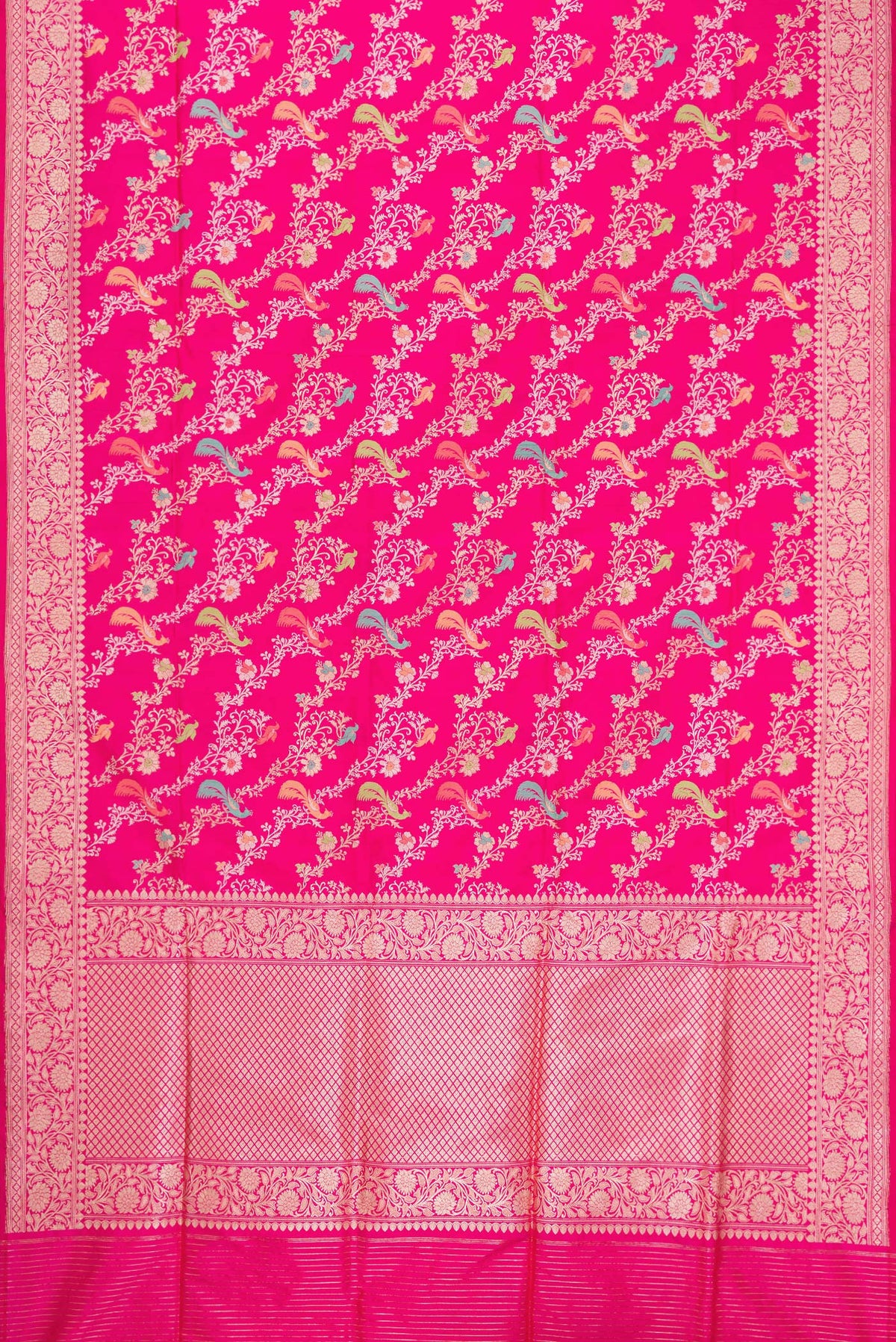 Flat view of Dark Pink Dual Tone Banarasi Silk Saree with Zari Brocade on the body and Zari Border. 