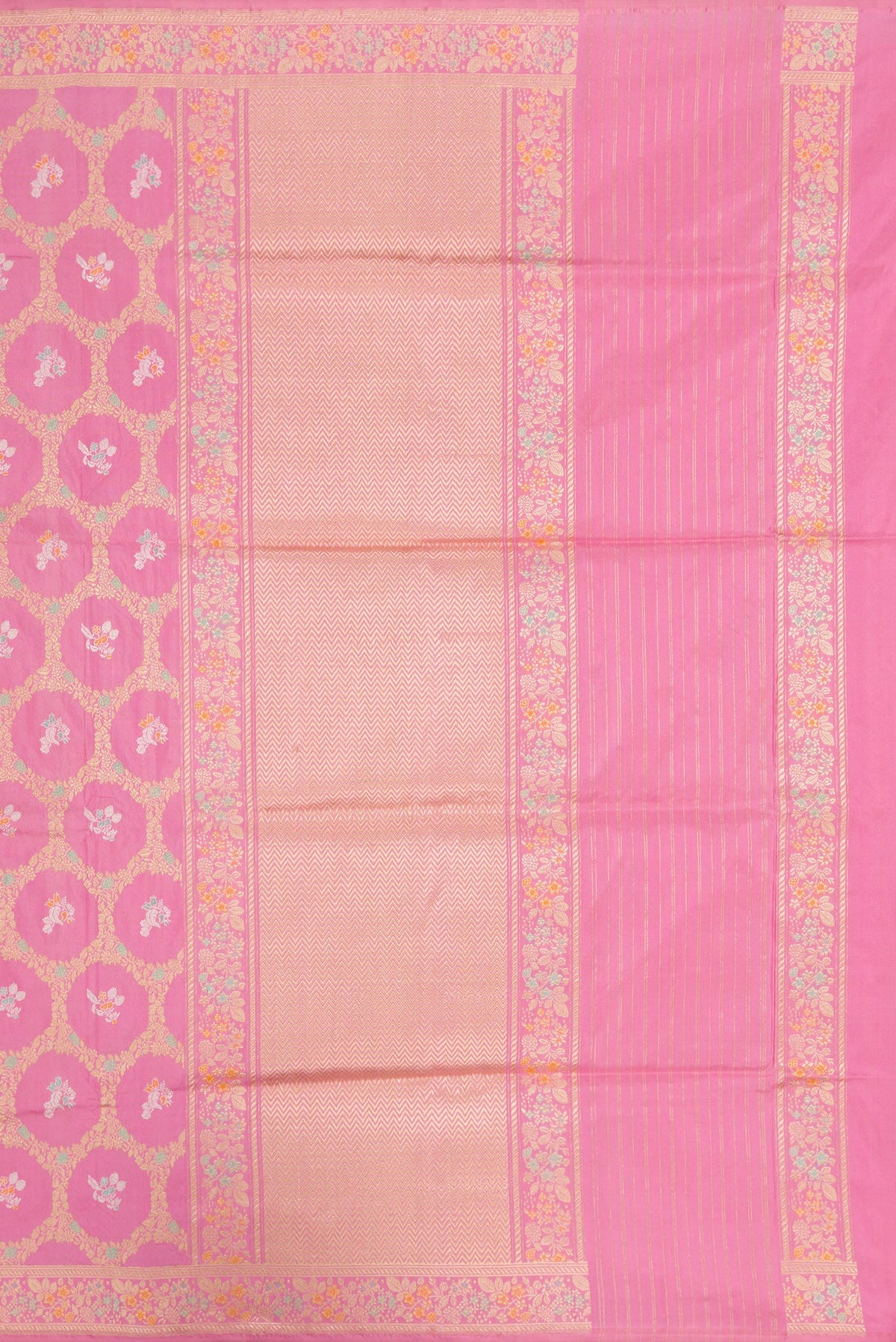 Close up image of the pallu of Pink Dual Tone Banarasi Silk Saree with Zari Butta on the body and Zari Border. 