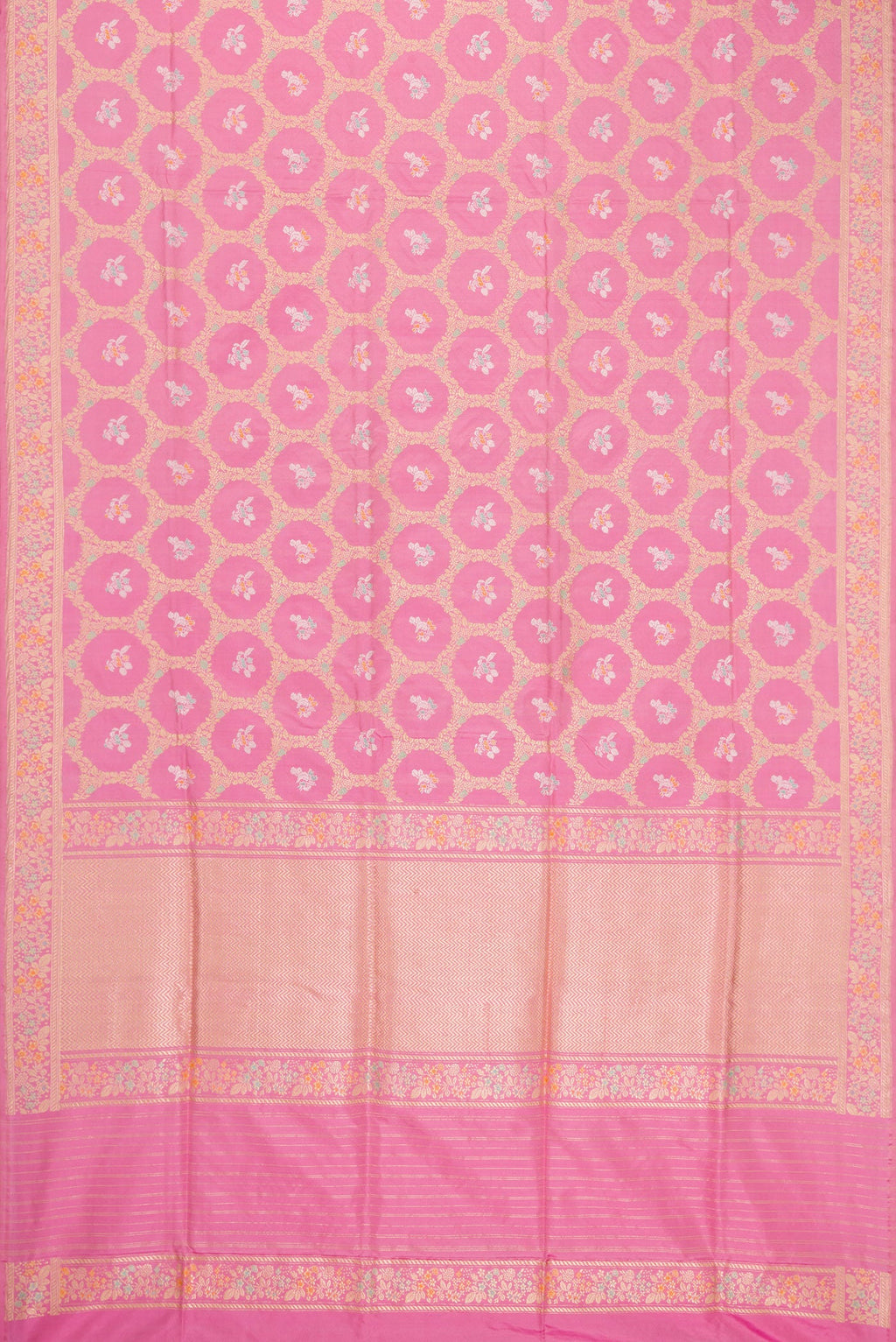 Flat view of Pink Dual Tone Banarasi Silk Saree with Zari Butta on the body and Zari Border. 