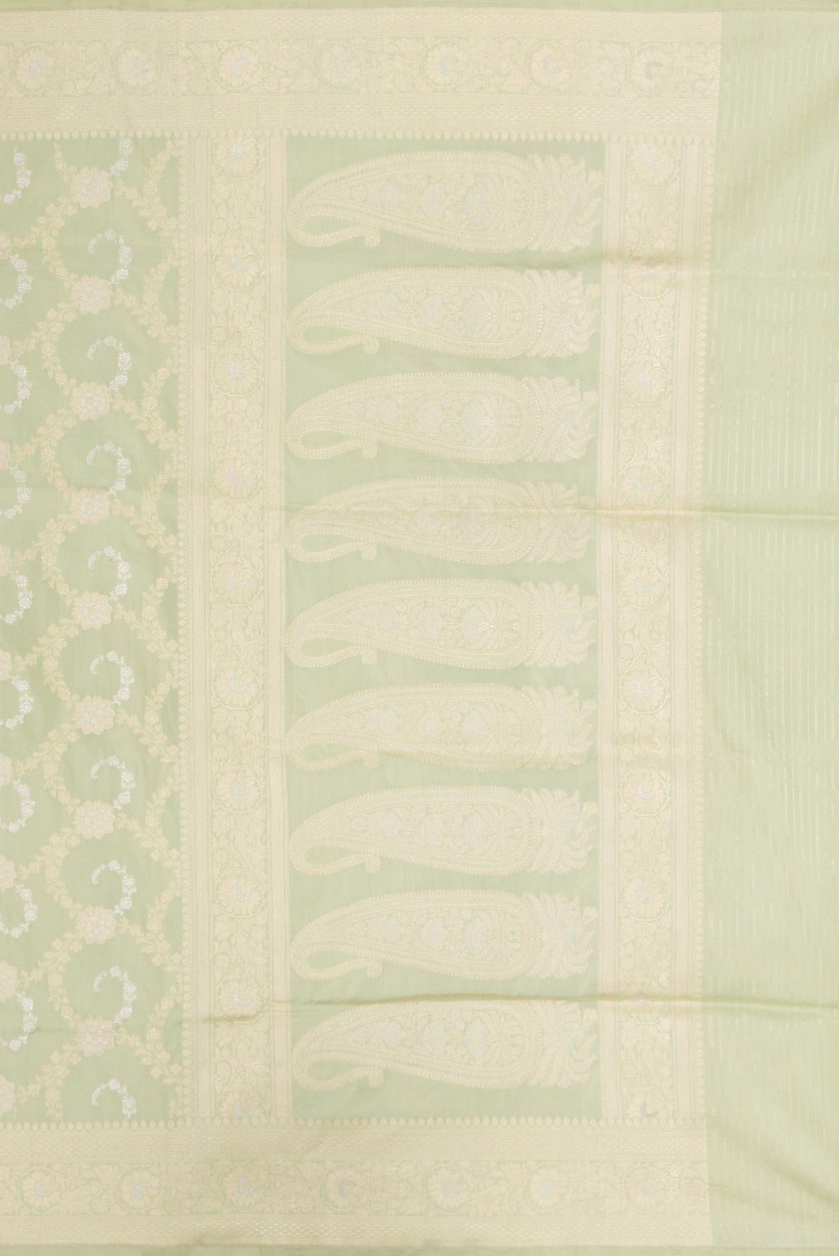 Close up image of the pallu of Pista Green Dual Tone Banarasi Silk Saree with Zari Brocade on the body and Zari Border. 