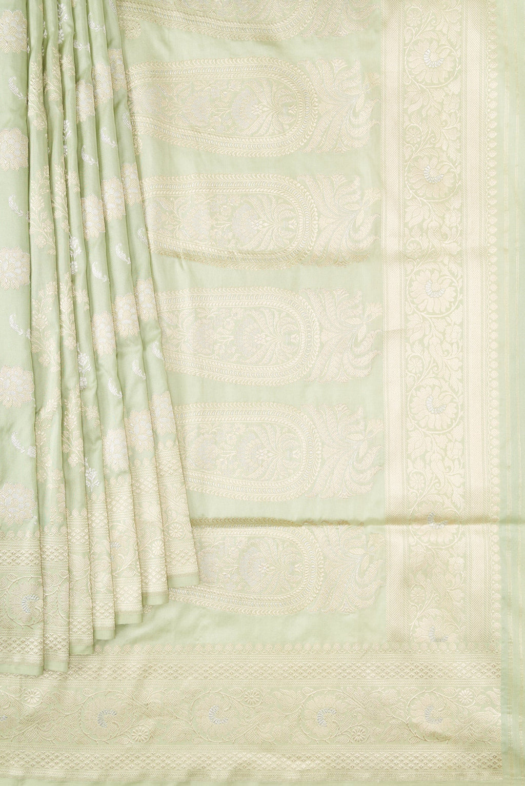 Pleats and pallu of Pista Green Dual Tone Banarasi Silk Saree with Zari Brocade on the body and Zari Border. 