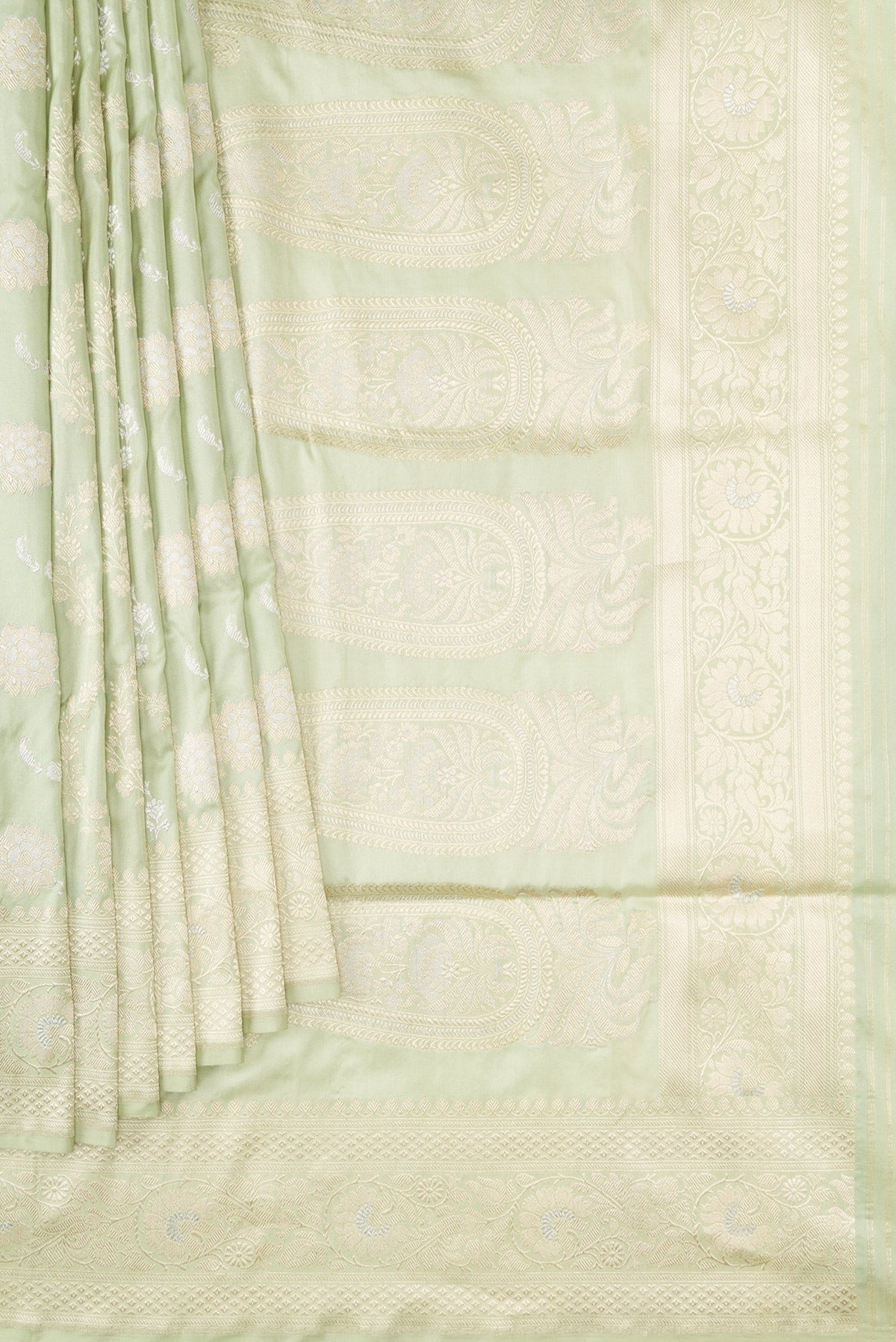 Pleats and pallu of Pista Green Dual Tone Banarasi Silk Saree with Zari Brocade on the body and Zari Border. 