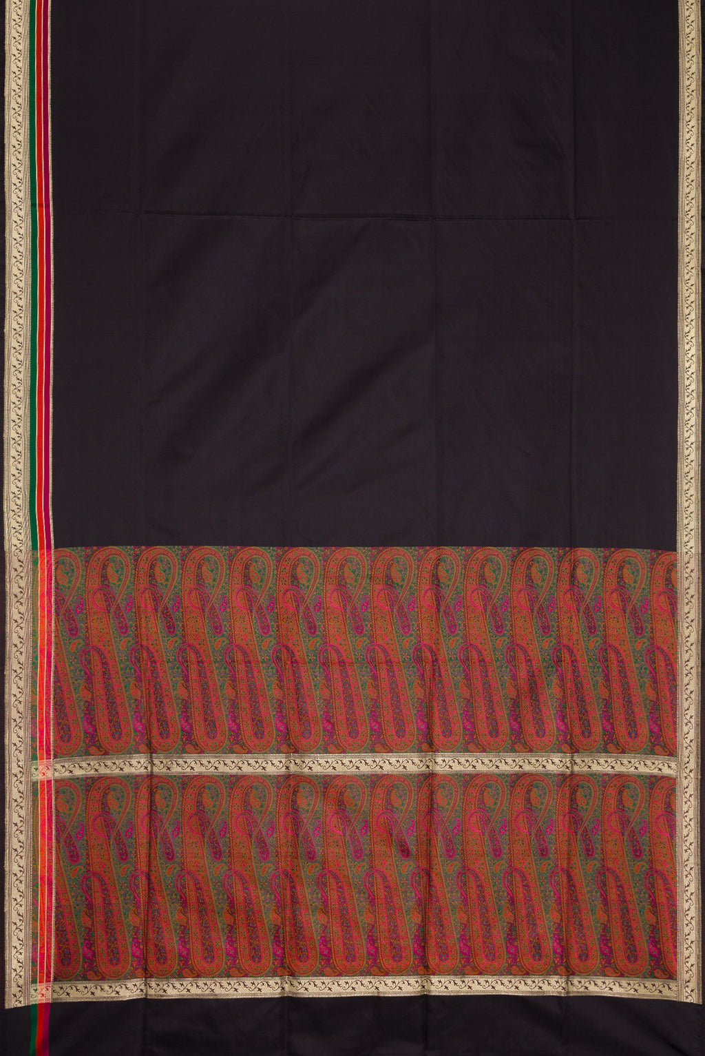 Flat view of Black Banarasi Silk Saree with Plain Body and Zari Border. 