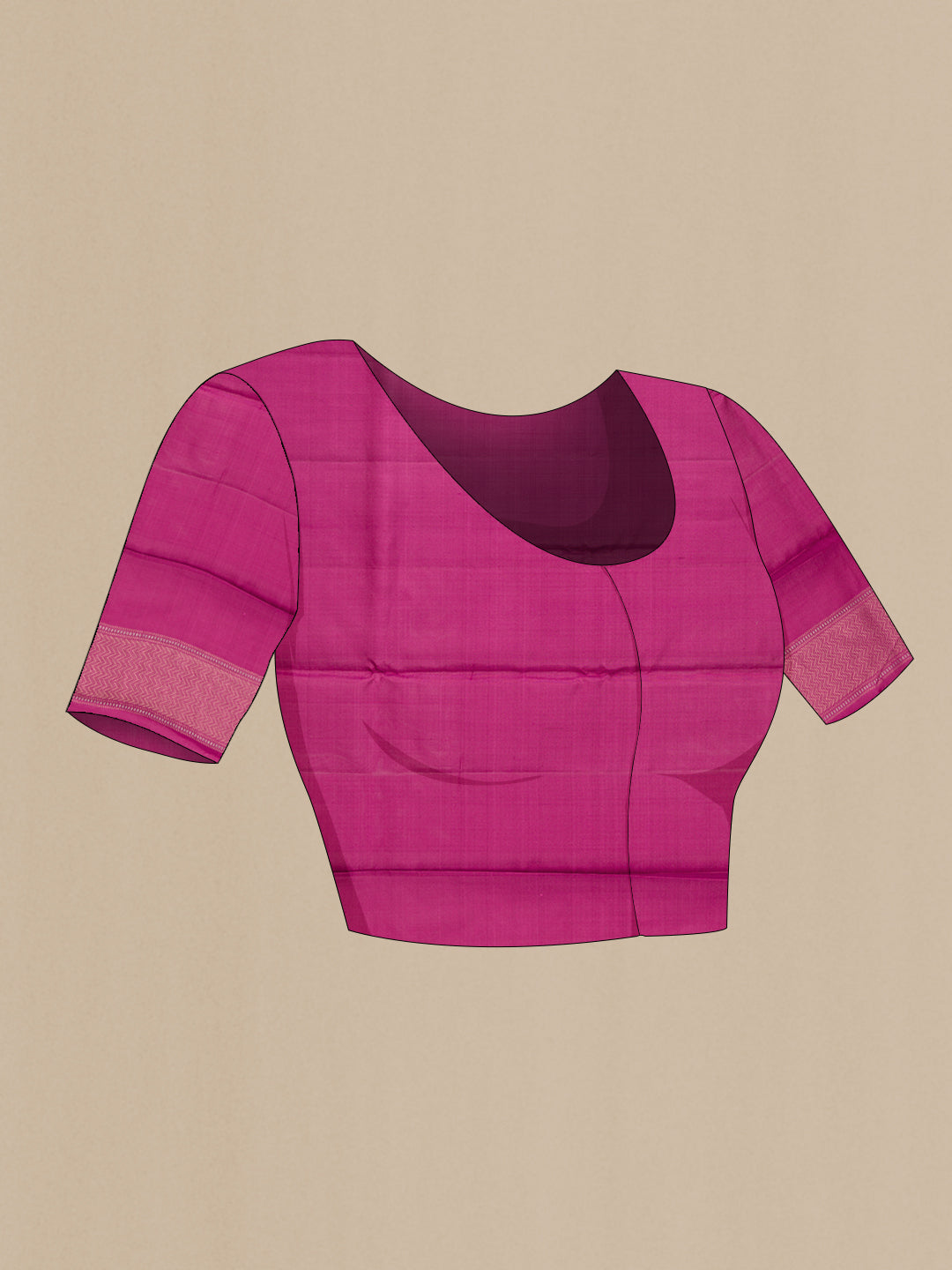 Close up image of the blouse of Magenta Soft Silk Saree with Zari Butta on the body and Without Border. 