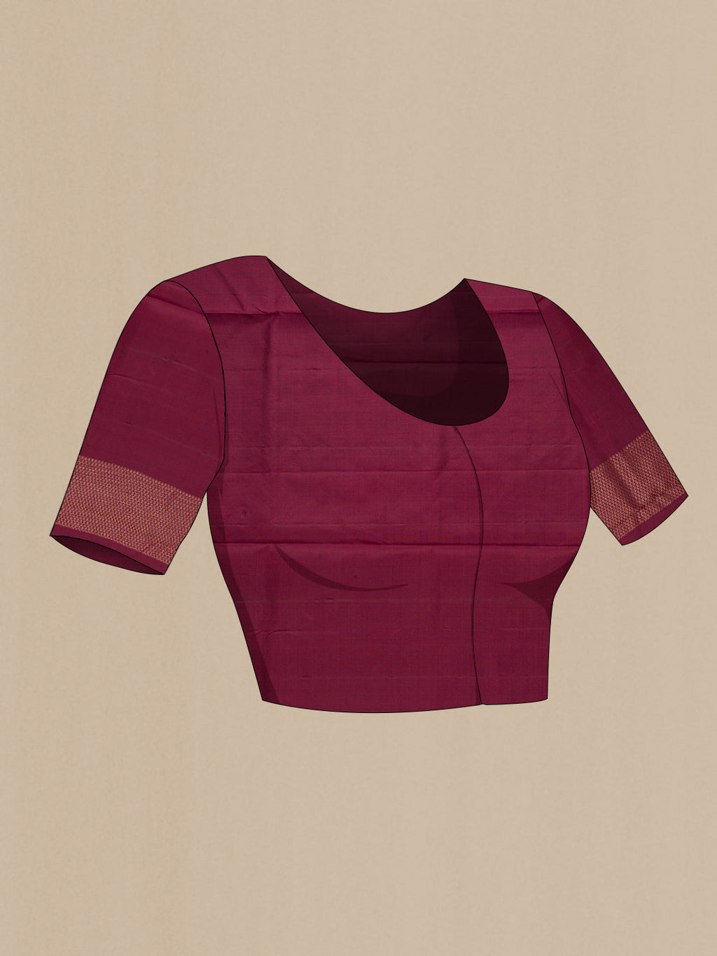 Close up image of the blouse of Burgundy Soft Silk Saree with Zari Butta on the body and Without Border. 