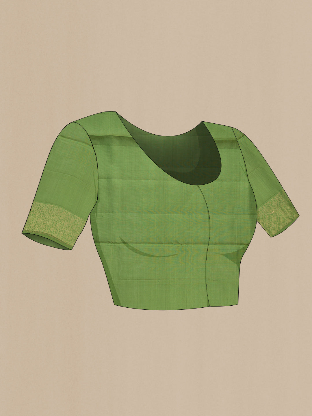Close up image of the blouse of Green Soft Silk Saree with Zari Brocade on the body and Fancy Border. 