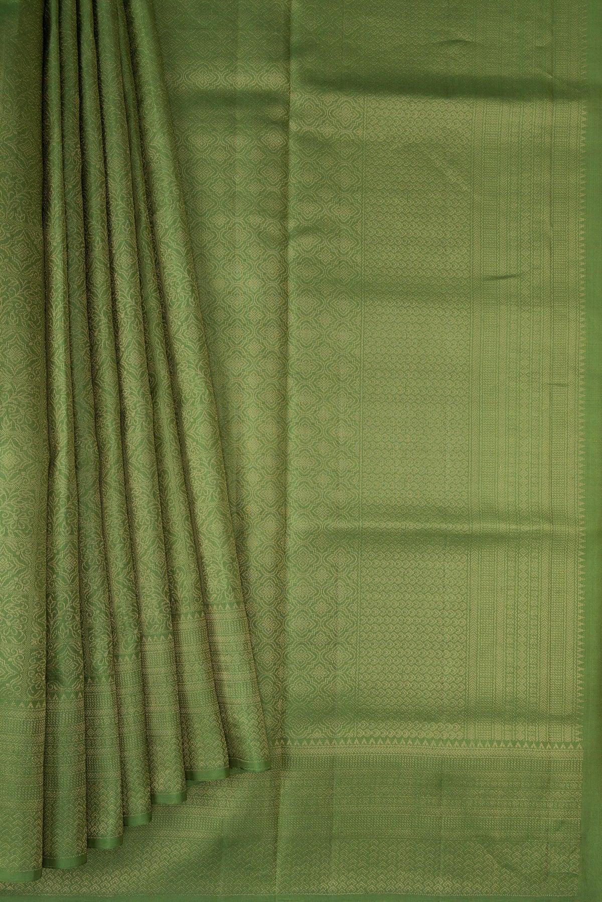 Pleats and pallu of Green Soft Silk Saree with Zari Brocade on the body and Fancy Border. 