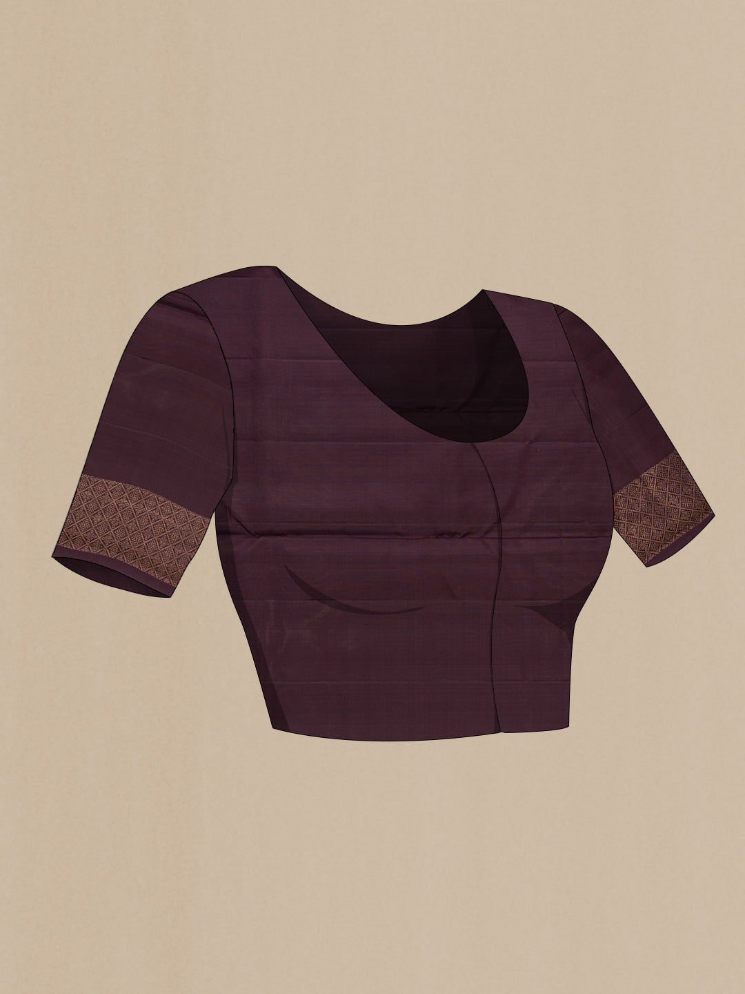 Close up image of the blouse of Burgundy Soft Silk Saree with Zari Brocade on the body and Fancy Border. 